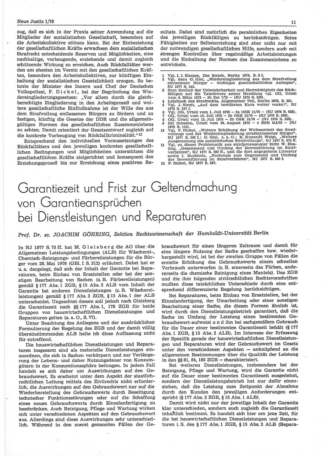 Neue Justiz (NJ), Zeitschrift für sozialistisches Recht und Gesetzlichkeit [Deutsche Demokratische Republik (DDR)], 32. Jahrgang 1978, Seite 11 (NJ DDR 1978, S. 11)