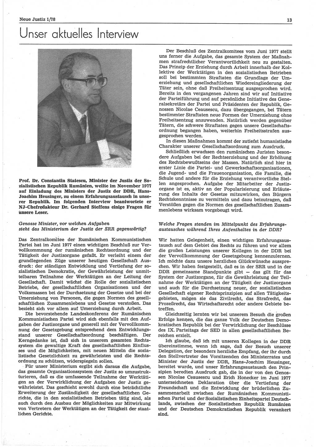 Neue Justiz (NJ), Zeitschrift für sozialistisches Recht und Gesetzlichkeit [Deutsche Demokratische Republik (DDR)], 32. Jahrgang 1978, Seite 13 (NJ DDR 1978, S. 13)