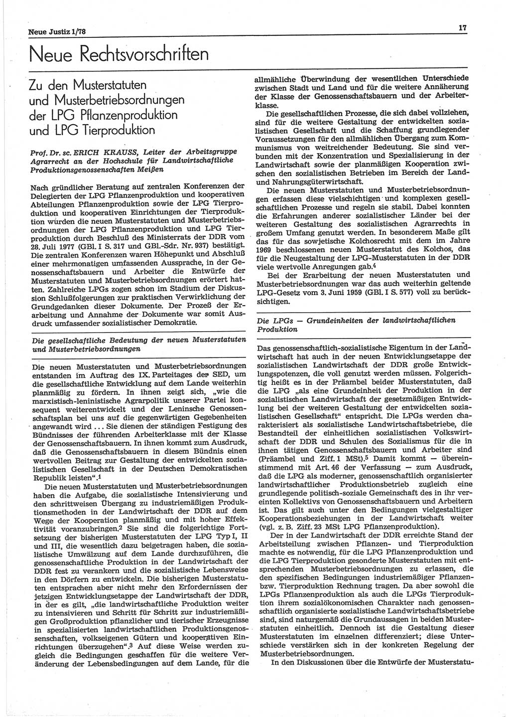 Neue Justiz (NJ), Zeitschrift für sozialistisches Recht und Gesetzlichkeit [Deutsche Demokratische Republik (DDR)], 32. Jahrgang 1978, Seite 17 (NJ DDR 1978, S. 17)