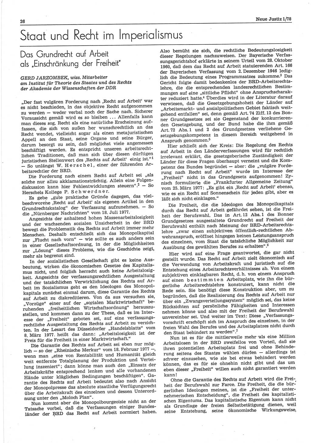 Neue Justiz (NJ), Zeitschrift für sozialistisches Recht und Gesetzlichkeit [Deutsche Demokratische Republik (DDR)], 32. Jahrgang 1978, Seite 26 (NJ DDR 1978, S. 26)