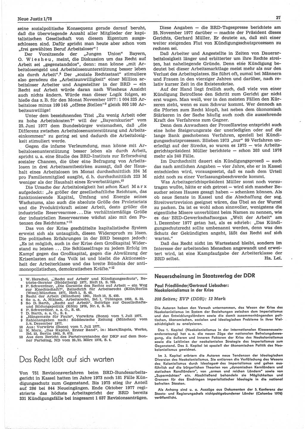 Neue Justiz (NJ), Zeitschrift für sozialistisches Recht und Gesetzlichkeit [Deutsche Demokratische Republik (DDR)], 32. Jahrgang 1978, Seite 27 (NJ DDR 1978, S. 27)