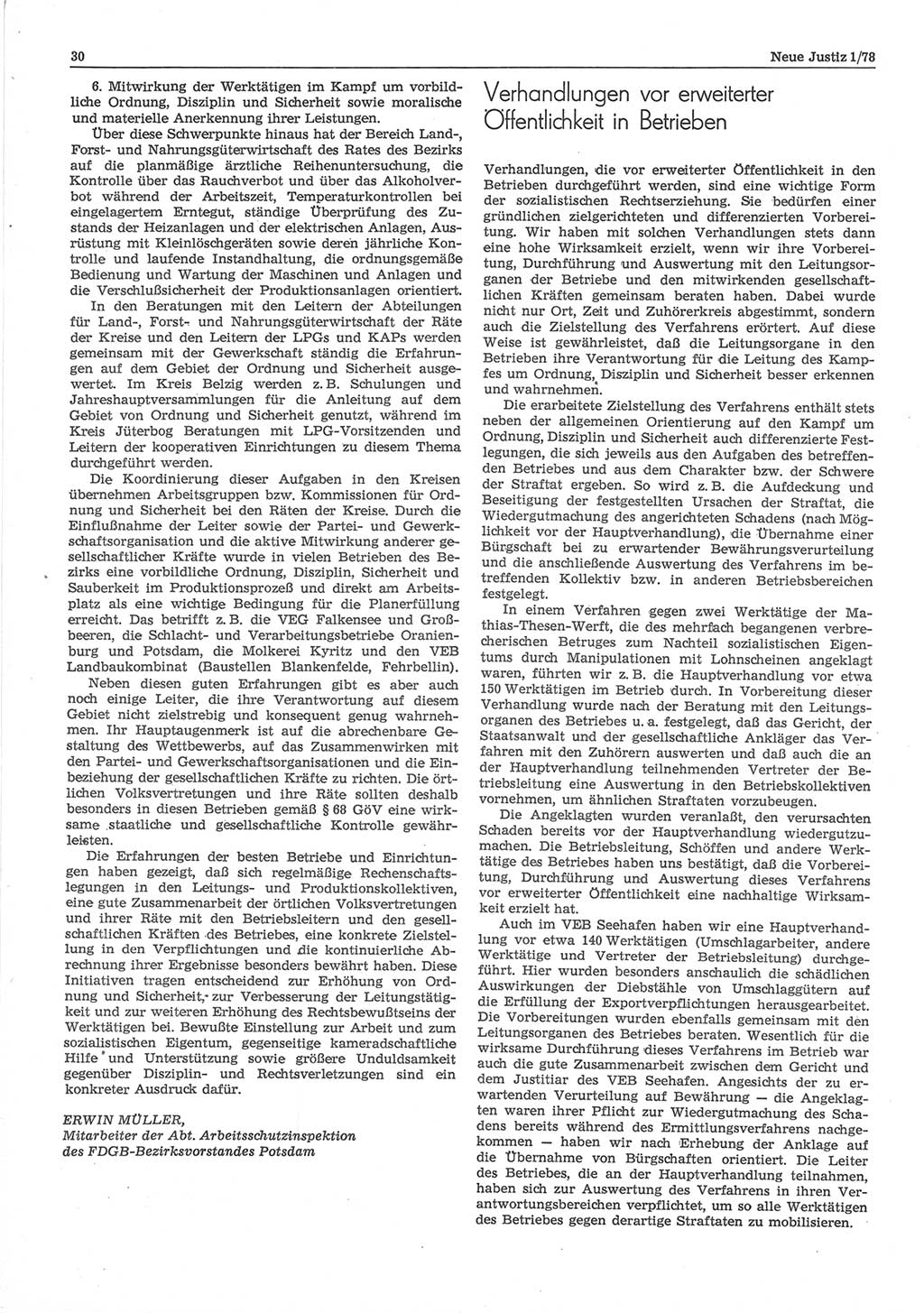 Neue Justiz (NJ), Zeitschrift für sozialistisches Recht und Gesetzlichkeit [Deutsche Demokratische Republik (DDR)], 32. Jahrgang 1978, Seite 30 (NJ DDR 1978, S. 30)
