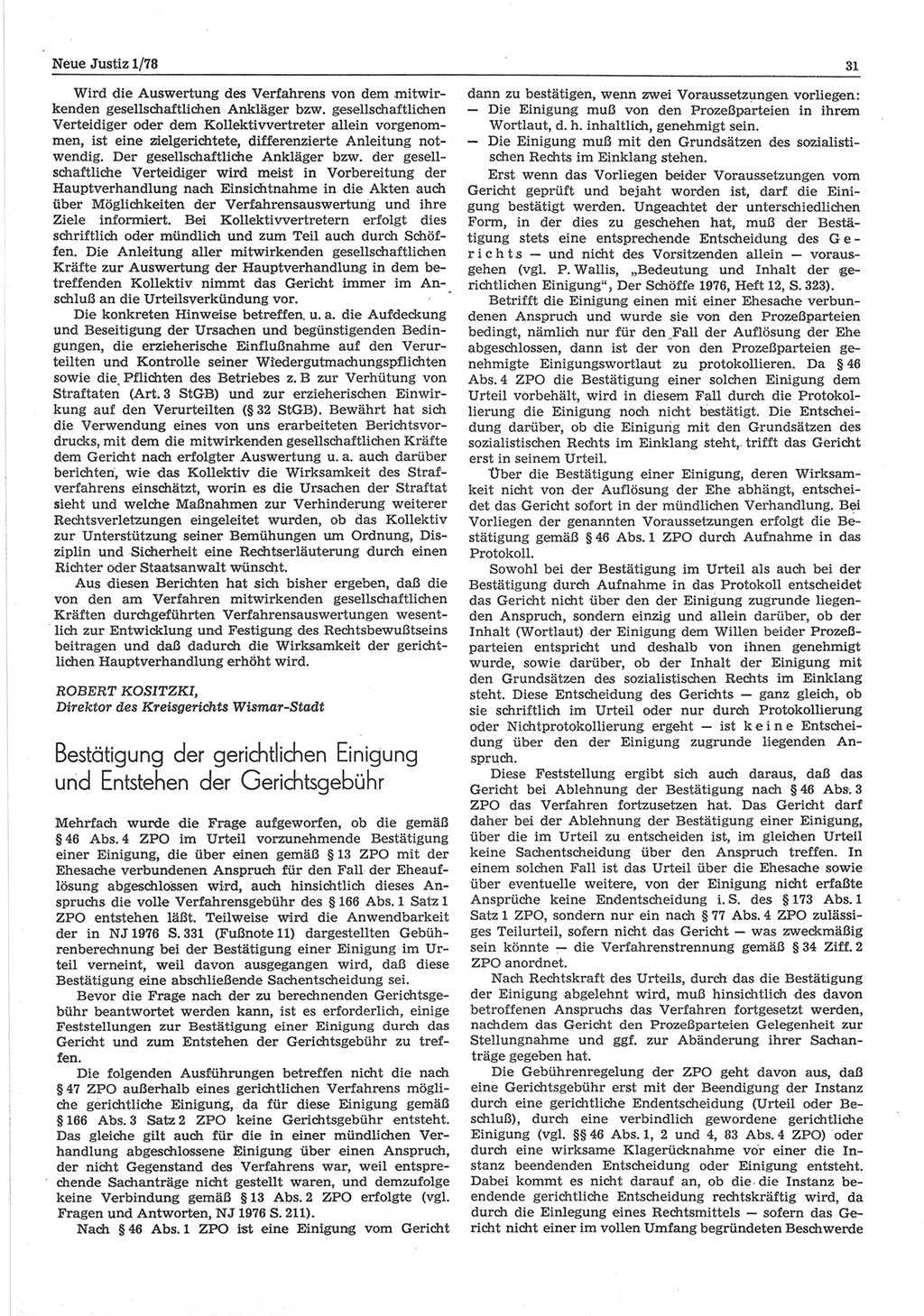 Neue Justiz (NJ), Zeitschrift für sozialistisches Recht und Gesetzlichkeit [Deutsche Demokratische Republik (DDR)], 32. Jahrgang 1978, Seite 31 (NJ DDR 1978, S. 31)