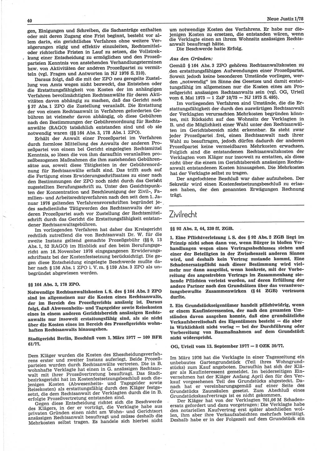 Neue Justiz (NJ), Zeitschrift für sozialistisches Recht und Gesetzlichkeit [Deutsche Demokratische Republik (DDR)], 32. Jahrgang 1978, Seite 40 (NJ DDR 1978, S. 40)