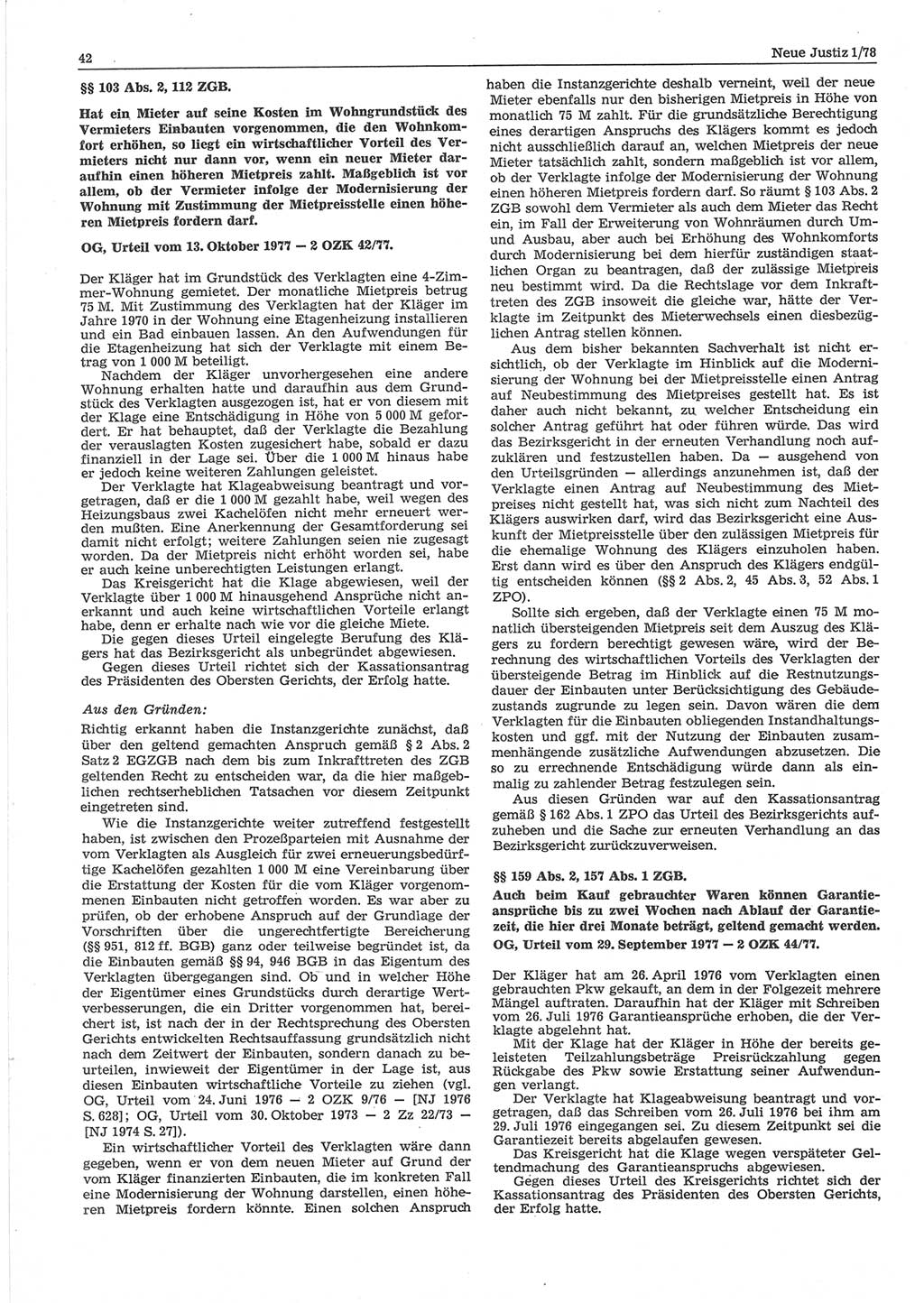Neue Justiz (NJ), Zeitschrift für sozialistisches Recht und Gesetzlichkeit [Deutsche Demokratische Republik (DDR)], 32. Jahrgang 1978, Seite 42 (NJ DDR 1978, S. 42)