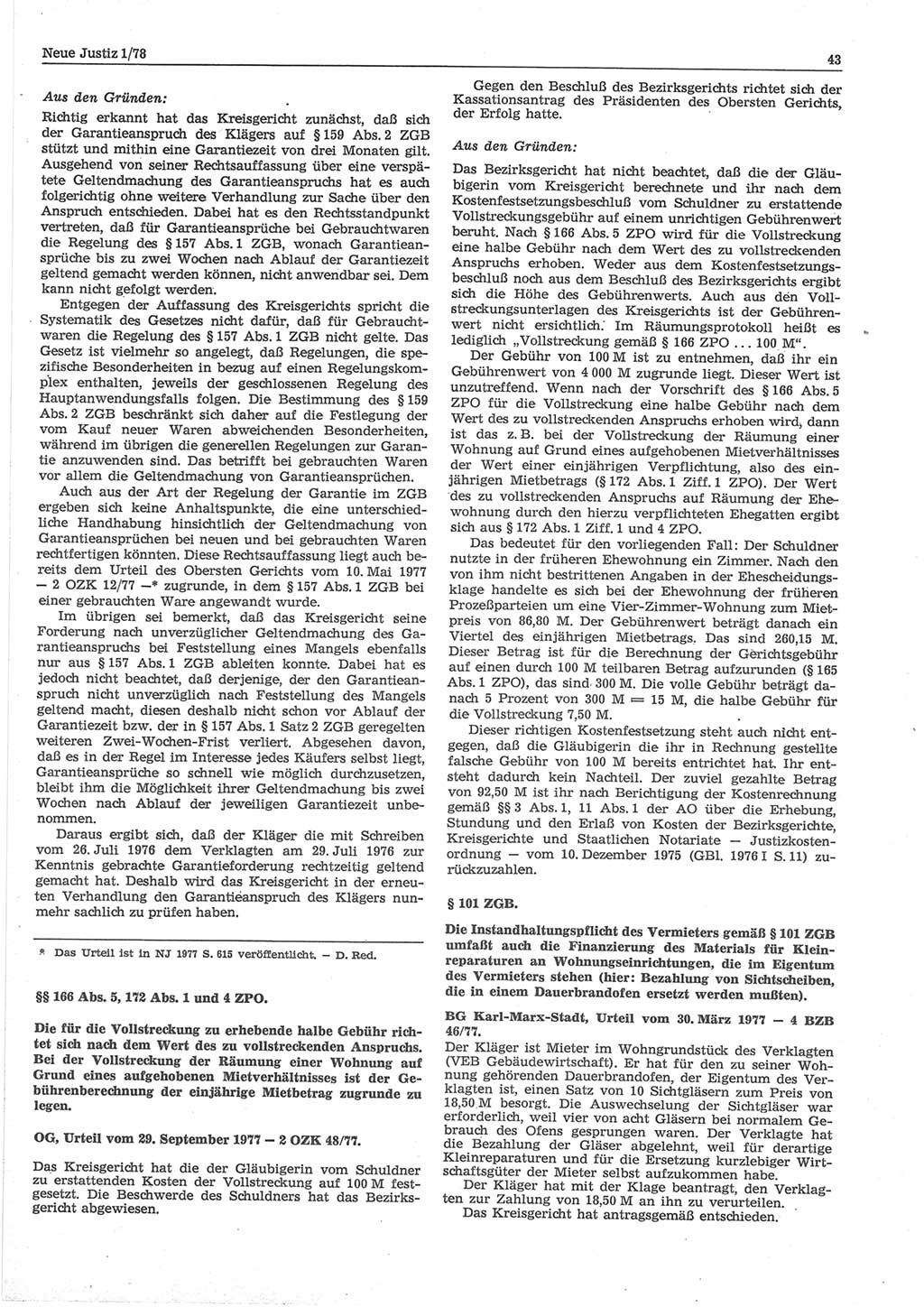 Neue Justiz (NJ), Zeitschrift für sozialistisches Recht und Gesetzlichkeit [Deutsche Demokratische Republik (DDR)], 32. Jahrgang 1978, Seite 43 (NJ DDR 1978, S. 43)