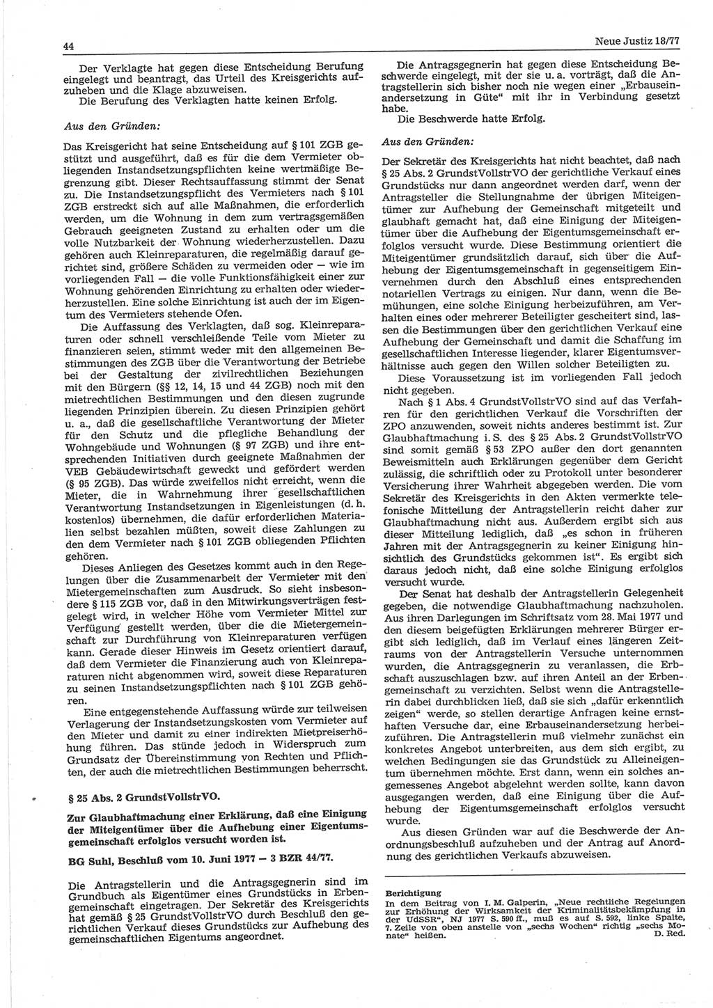 Neue Justiz (NJ), Zeitschrift für sozialistisches Recht und Gesetzlichkeit [Deutsche Demokratische Republik (DDR)], 32. Jahrgang 1978, Seite 44 (NJ DDR 1978, S. 44)