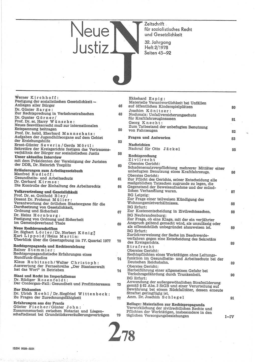 Neue Justiz (NJ), Zeitschrift für sozialistisches Recht und Gesetzlichkeit [Deutsche Demokratische Republik (DDR)], 32. Jahrgang 1978, Seite 45 (NJ DDR 1978, S. 45)