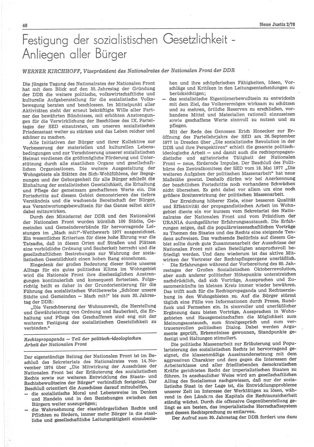 Neue Justiz (NJ), Zeitschrift für sozialistisches Recht und Gesetzlichkeit [Deutsche Demokratische Republik (DDR)], 32. Jahrgang 1978, Seite 46 (NJ DDR 1978, S. 46)