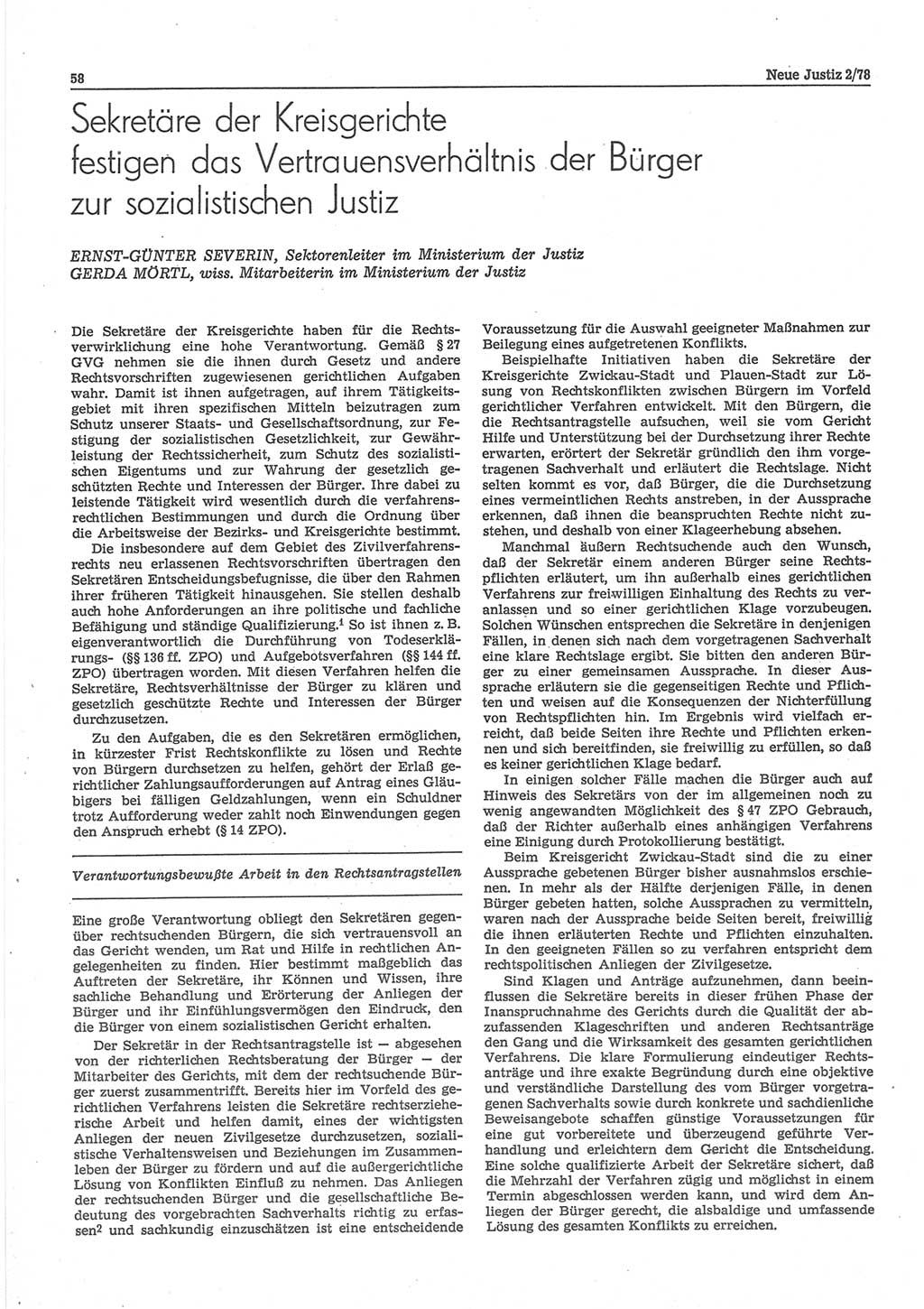 Neue Justiz (NJ), Zeitschrift für sozialistisches Recht und Gesetzlichkeit [Deutsche Demokratische Republik (DDR)], 32. Jahrgang 1978, Seite 58 (NJ DDR 1978, S. 58)
