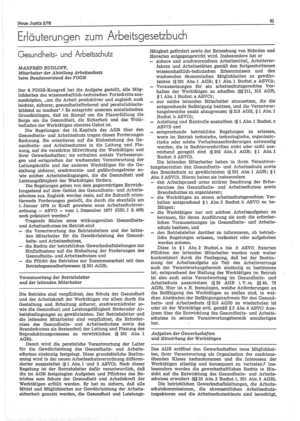 Neue Justiz (NJ), Zeitschrift für sozialistisches Recht und Gesetzlichkeit [Deutsche Demokratische Republik (DDR)], 32. Jahrgang 1978, Seite 61 (NJ DDR 1978, S. 61)