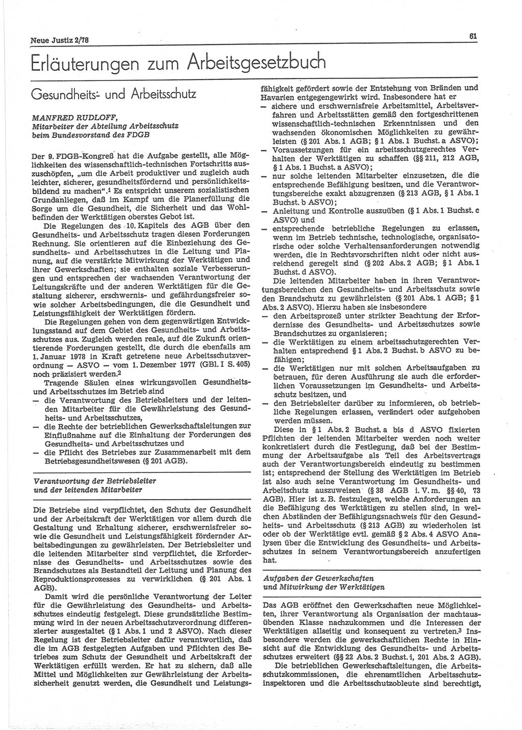 Neue Justiz (NJ), Zeitschrift für sozialistisches Recht und Gesetzlichkeit [Deutsche Demokratische Republik (DDR)], 32. Jahrgang 1978, Seite 61 (NJ DDR 1978, S. 61)