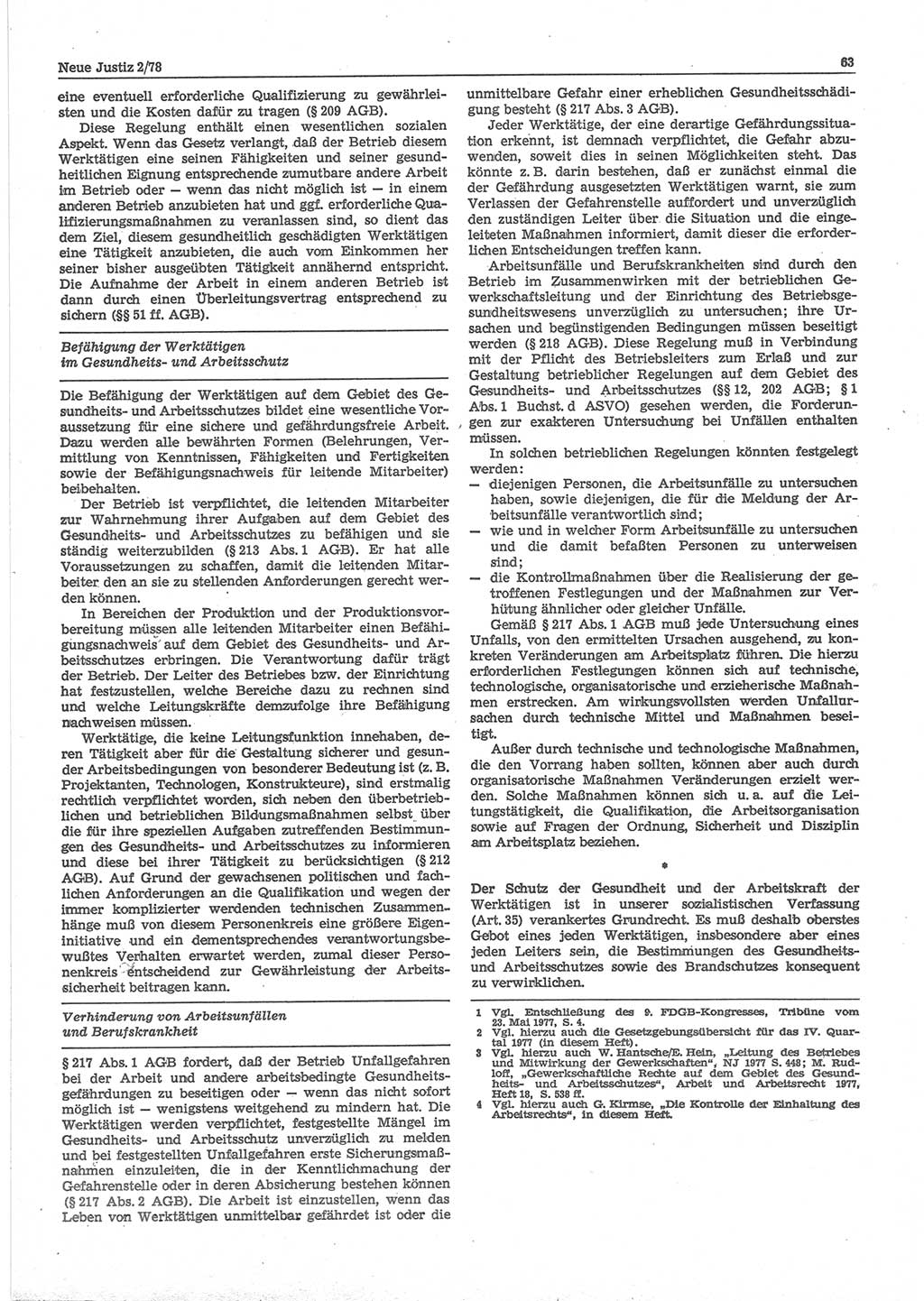 Neue Justiz (NJ), Zeitschrift für sozialistisches Recht und Gesetzlichkeit [Deutsche Demokratische Republik (DDR)], 32. Jahrgang 1978, Seite 63 (NJ DDR 1978, S. 63)