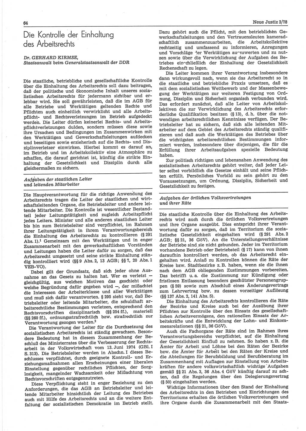Neue Justiz (NJ), Zeitschrift für sozialistisches Recht und Gesetzlichkeit [Deutsche Demokratische Republik (DDR)], 32. Jahrgang 1978, Seite 64 (NJ DDR 1978, S. 64)