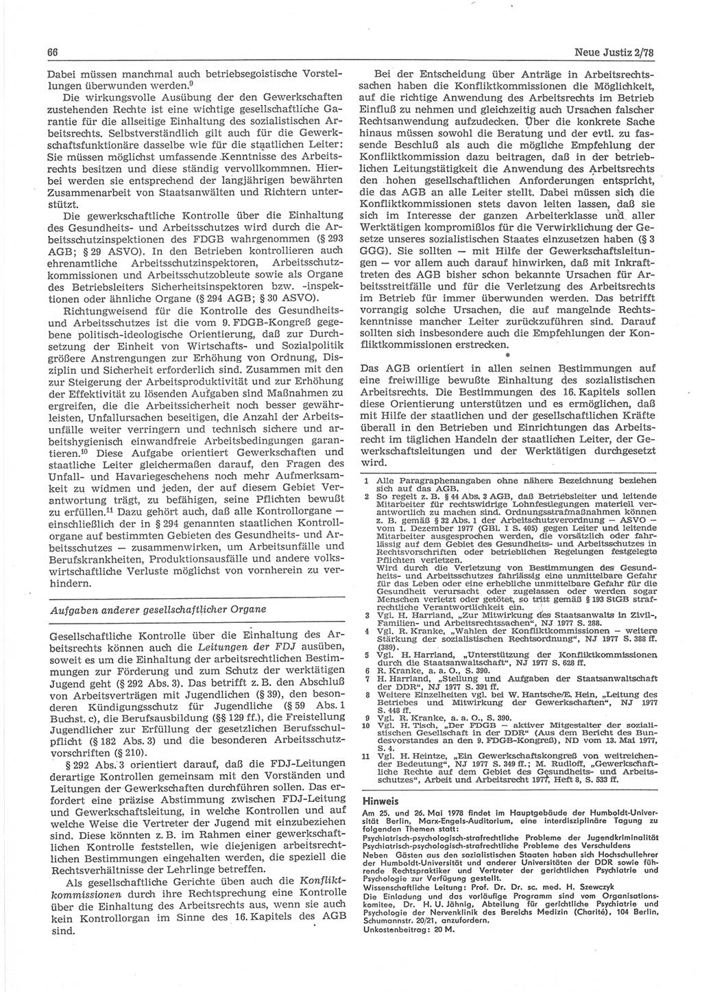 Neue Justiz (NJ), Zeitschrift für sozialistisches Recht und Gesetzlichkeit [Deutsche Demokratische Republik (DDR)], 32. Jahrgang 1978, Seite 66 (NJ DDR 1978, S. 66)