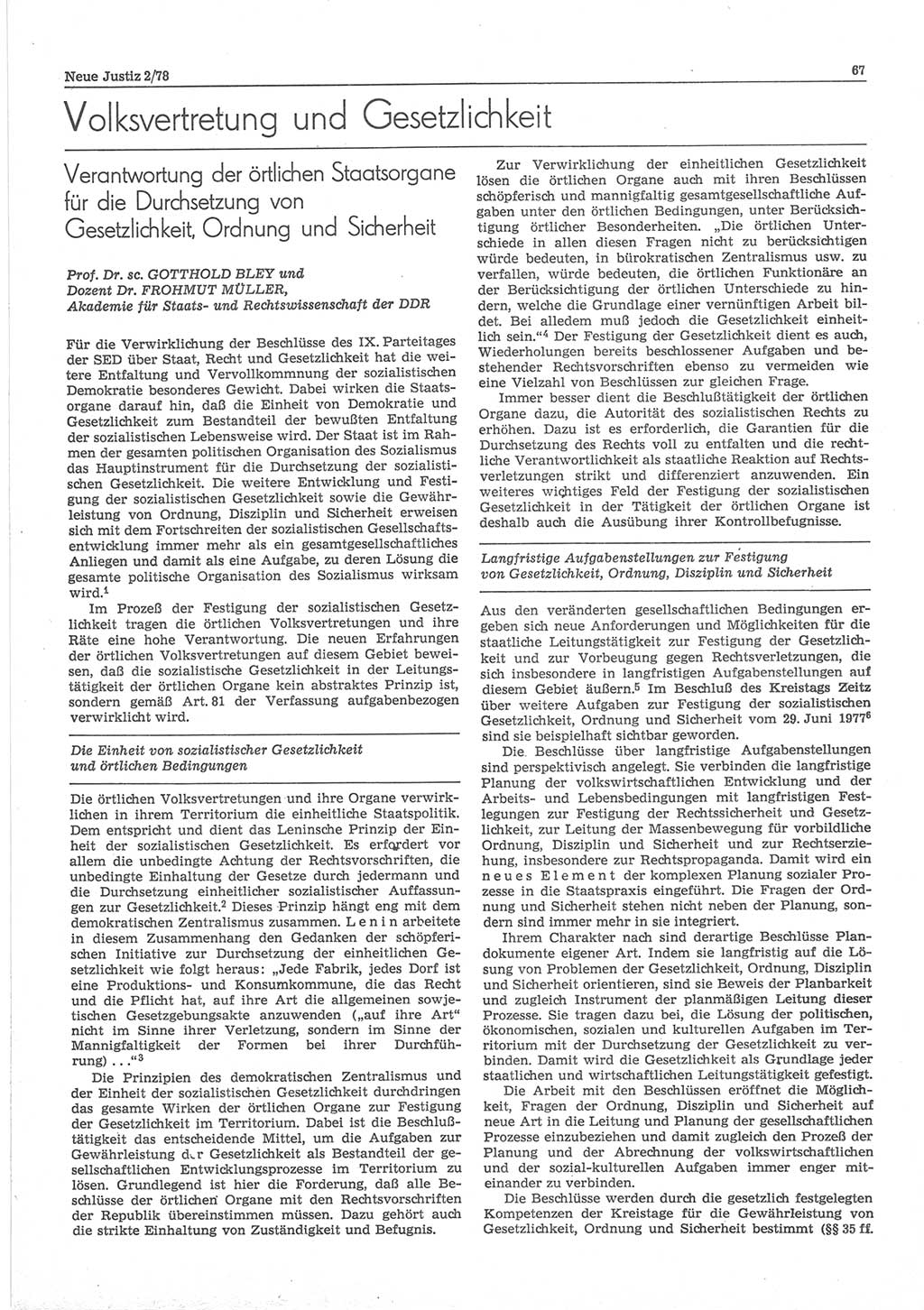 Neue Justiz (NJ), Zeitschrift für sozialistisches Recht und Gesetzlichkeit [Deutsche Demokratische Republik (DDR)], 32. Jahrgang 1978, Seite 67 (NJ DDR 1978, S. 67)