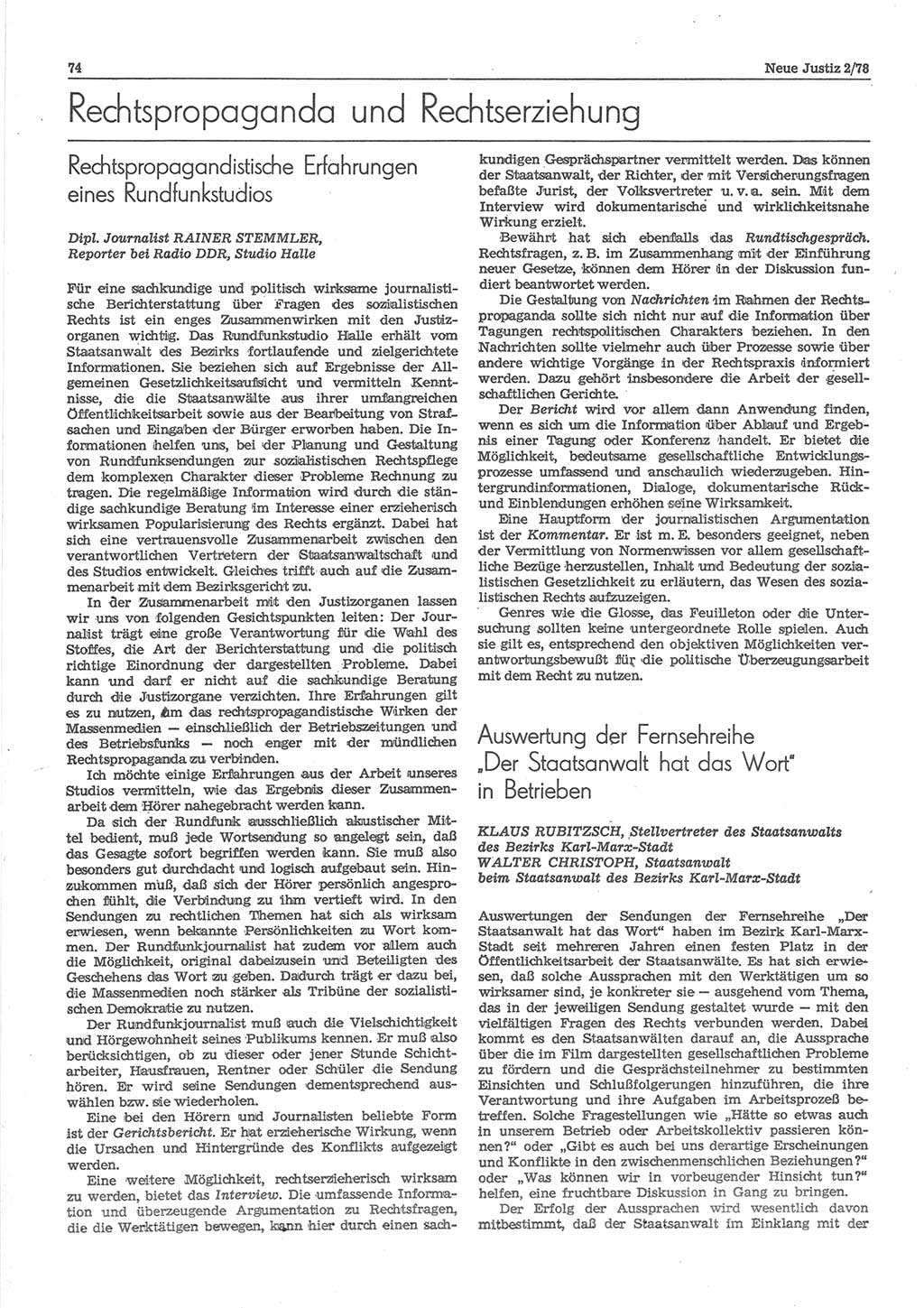 Neue Justiz (NJ), Zeitschrift für sozialistisches Recht und Gesetzlichkeit [Deutsche Demokratische Republik (DDR)], 32. Jahrgang 1978, Seite 74 (NJ DDR 1978, S. 74)
