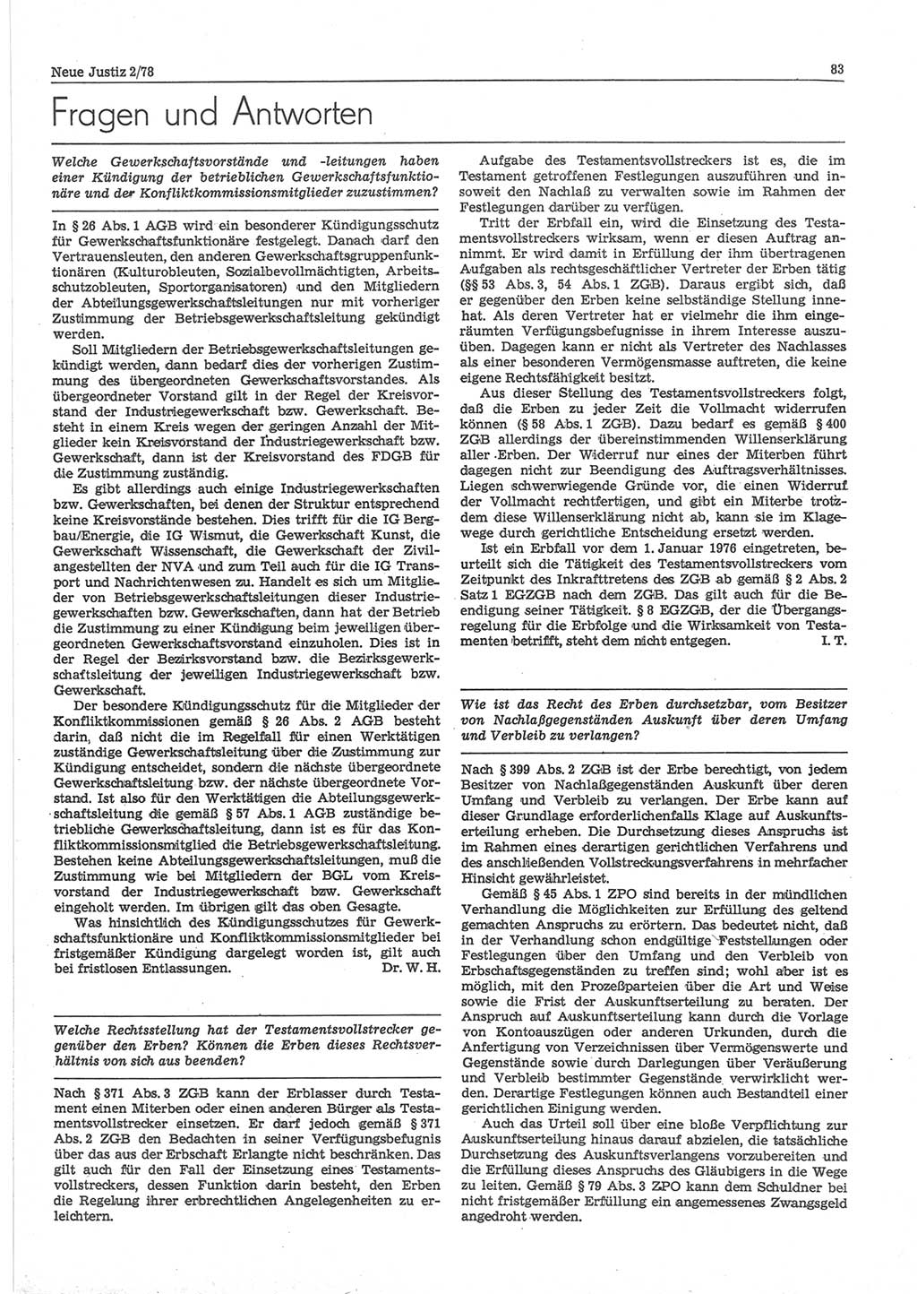 Neue Justiz (NJ), Zeitschrift für sozialistisches Recht und Gesetzlichkeit [Deutsche Demokratische Republik (DDR)], 32. Jahrgang 1978, Seite 83 (NJ DDR 1978, S. 83)