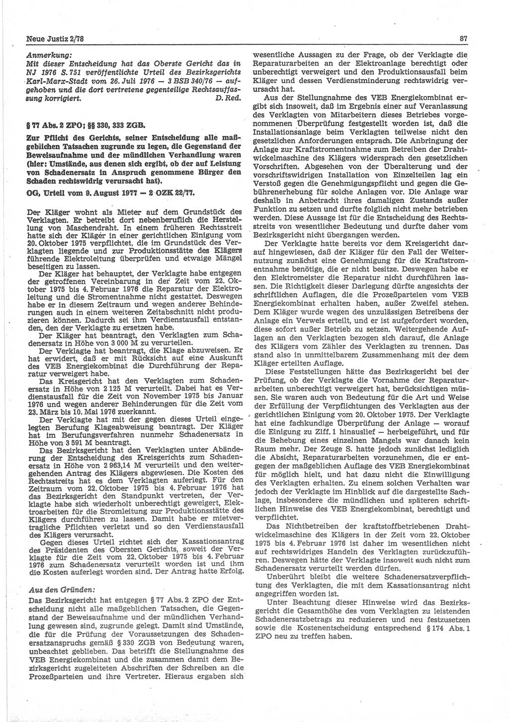 Neue Justiz (NJ), Zeitschrift für sozialistisches Recht und Gesetzlichkeit [Deutsche Demokratische Republik (DDR)], 32. Jahrgang 1978, Seite 87 (NJ DDR 1978, S. 87)