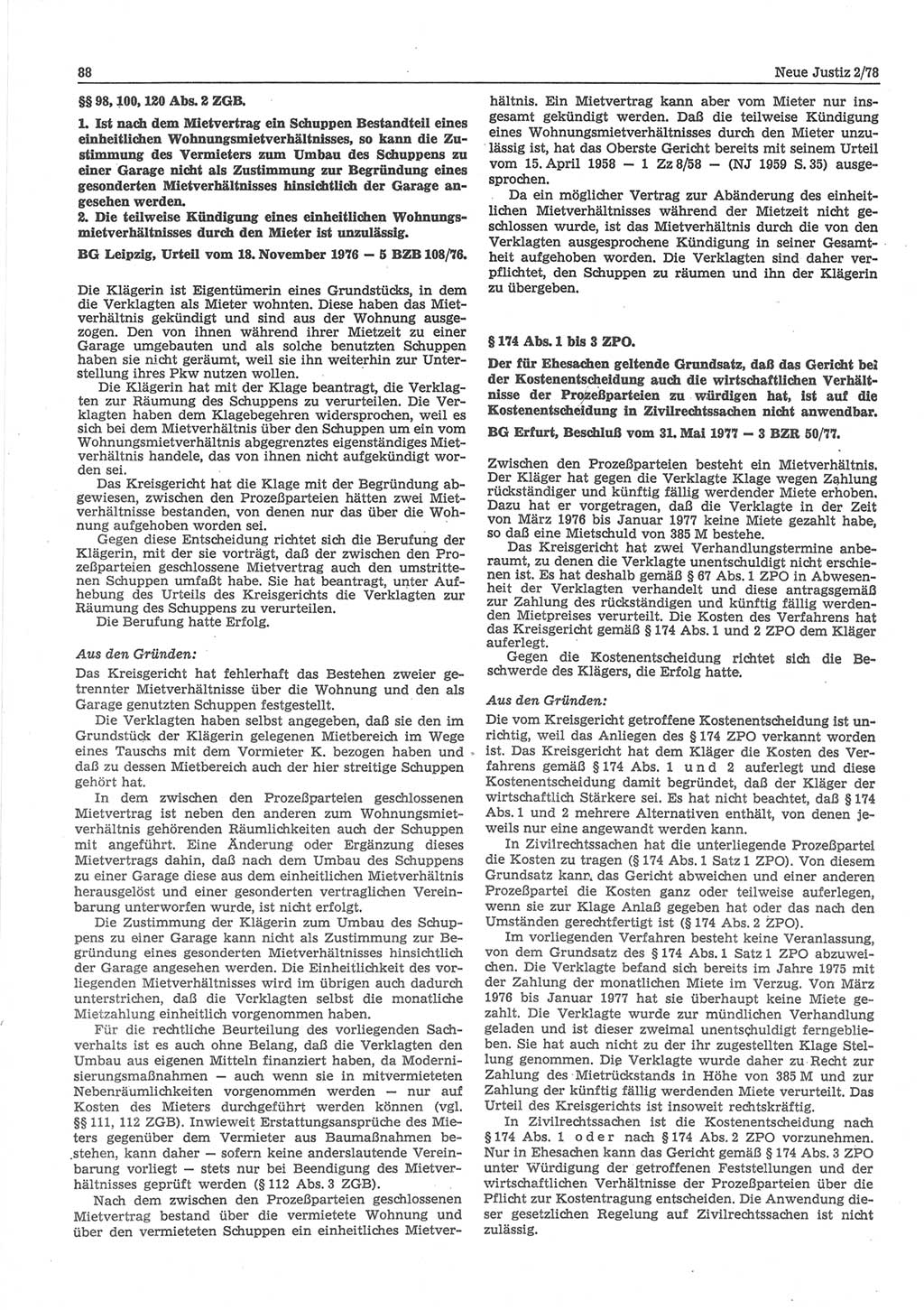 Neue Justiz (NJ), Zeitschrift für sozialistisches Recht und Gesetzlichkeit [Deutsche Demokratische Republik (DDR)], 32. Jahrgang 1978, Seite 88 (NJ DDR 1978, S. 88)