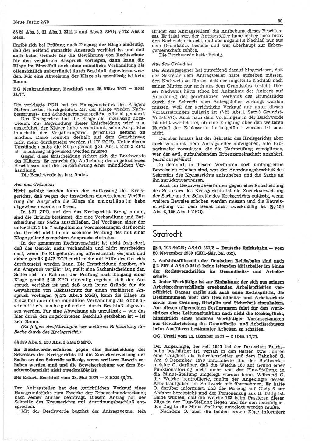 Neue Justiz (NJ), Zeitschrift für sozialistisches Recht und Gesetzlichkeit [Deutsche Demokratische Republik (DDR)], 32. Jahrgang 1978, Seite 89 (NJ DDR 1978, S. 89)