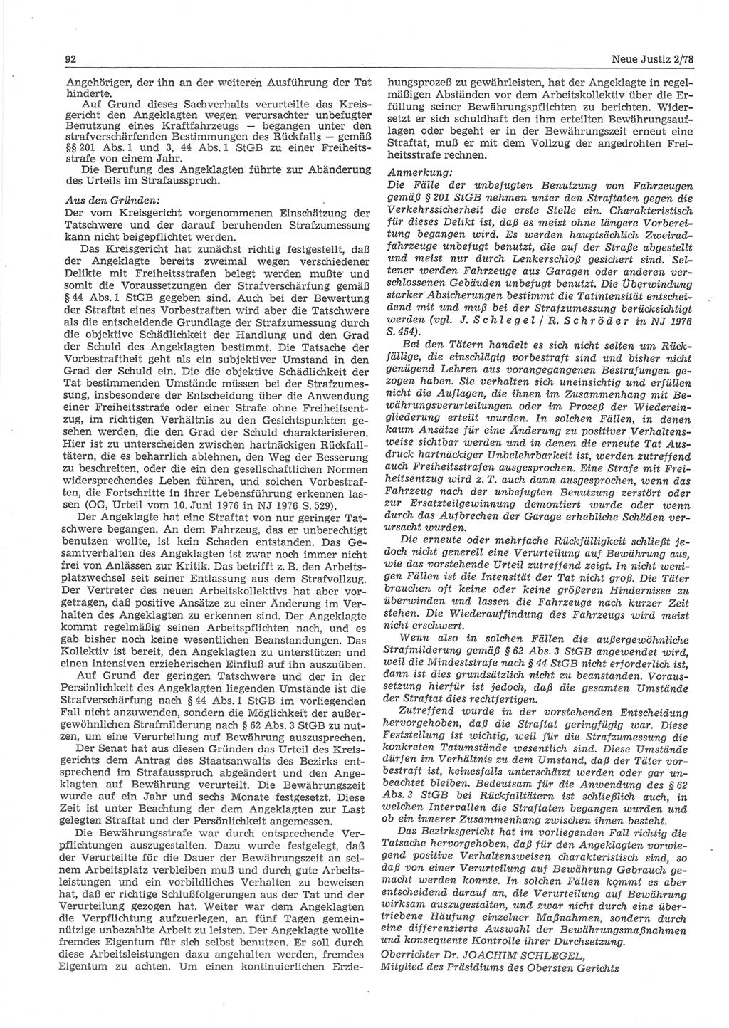 Neue Justiz (NJ), Zeitschrift für sozialistisches Recht und Gesetzlichkeit [Deutsche Demokratische Republik (DDR)], 32. Jahrgang 1978, Seite 92 (NJ DDR 1978, S. 92)