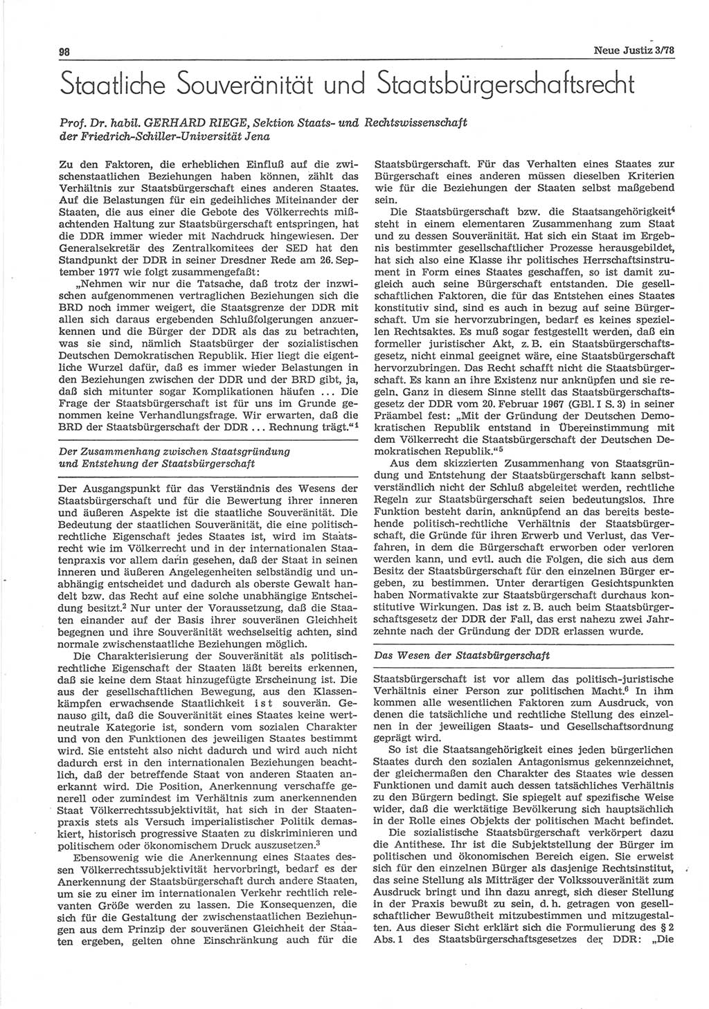 Neue Justiz (NJ), Zeitschrift für sozialistisches Recht und Gesetzlichkeit [Deutsche Demokratische Republik (DDR)], 32. Jahrgang 1978, Seite 98 (NJ DDR 1978, S. 98)