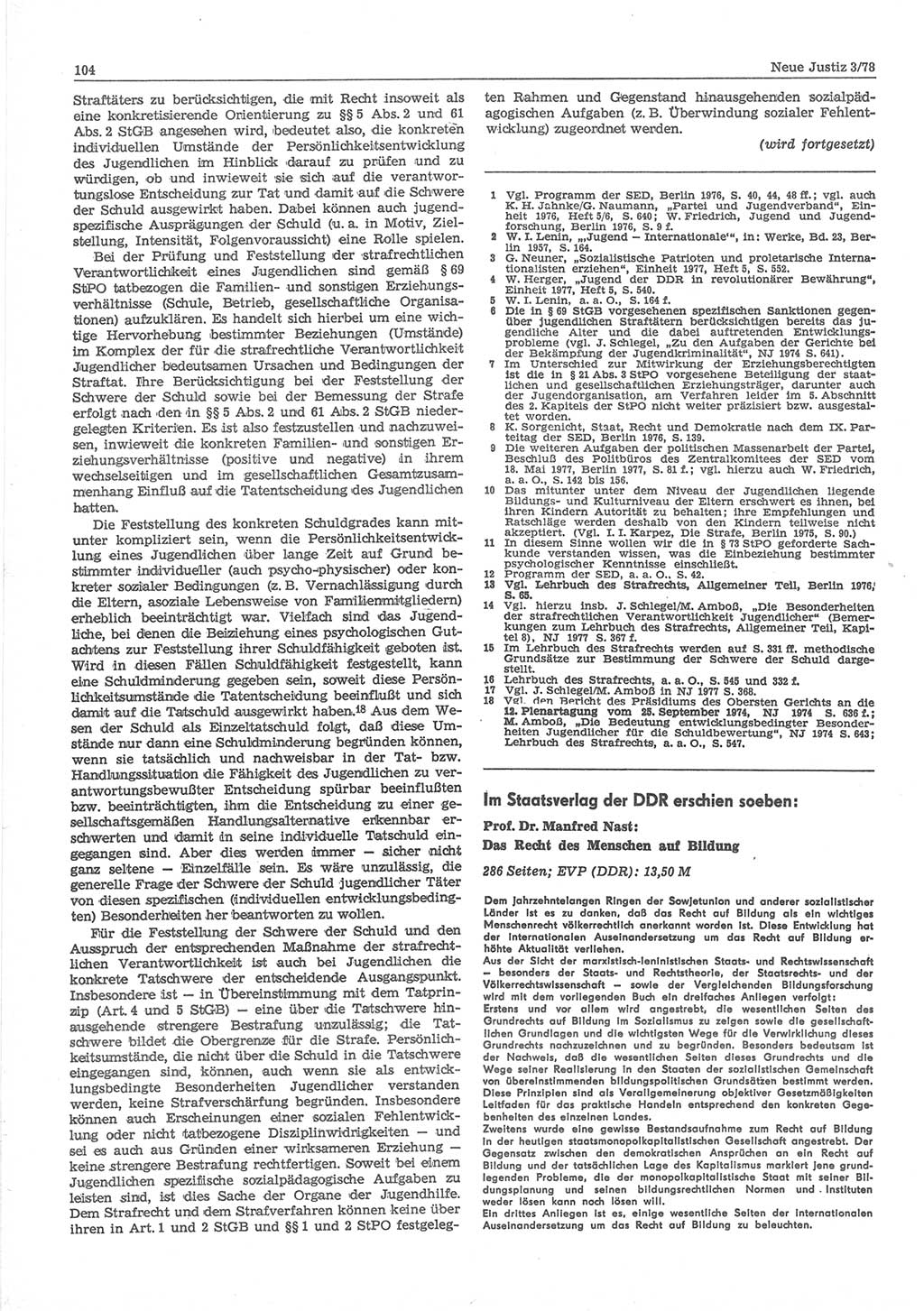 Neue Justiz (NJ), Zeitschrift für sozialistisches Recht und Gesetzlichkeit [Deutsche Demokratische Republik (DDR)], 32. Jahrgang 1978, Seite 104 (NJ DDR 1978, S. 104)