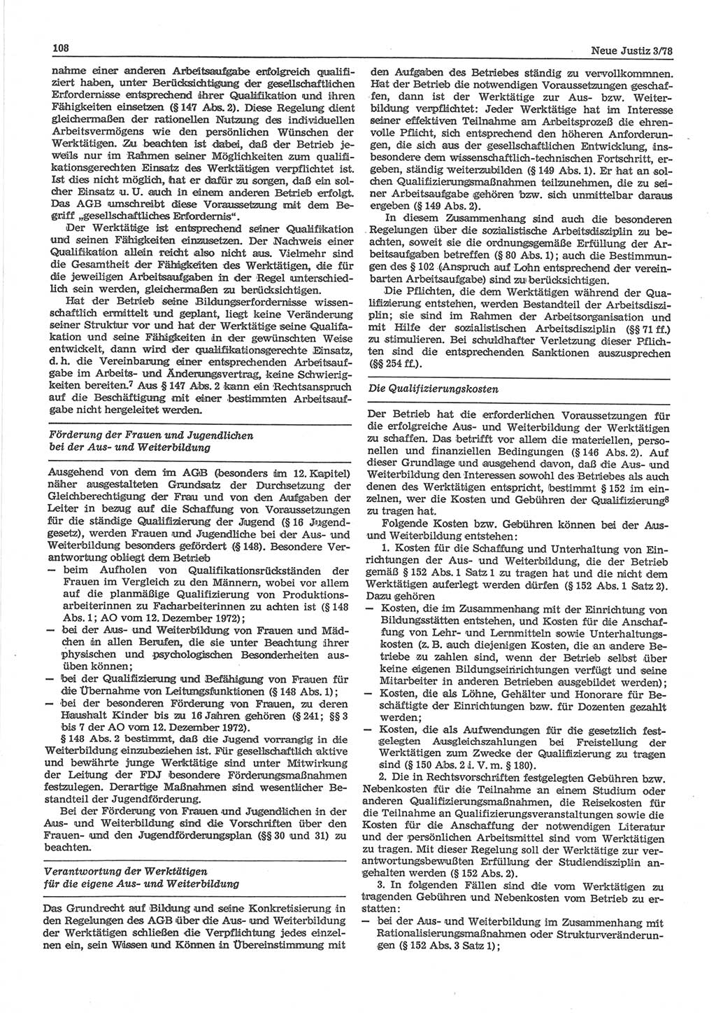Neue Justiz (NJ), Zeitschrift für sozialistisches Recht und Gesetzlichkeit [Deutsche Demokratische Republik (DDR)], 32. Jahrgang 1978, Seite 108 (NJ DDR 1978, S. 108)