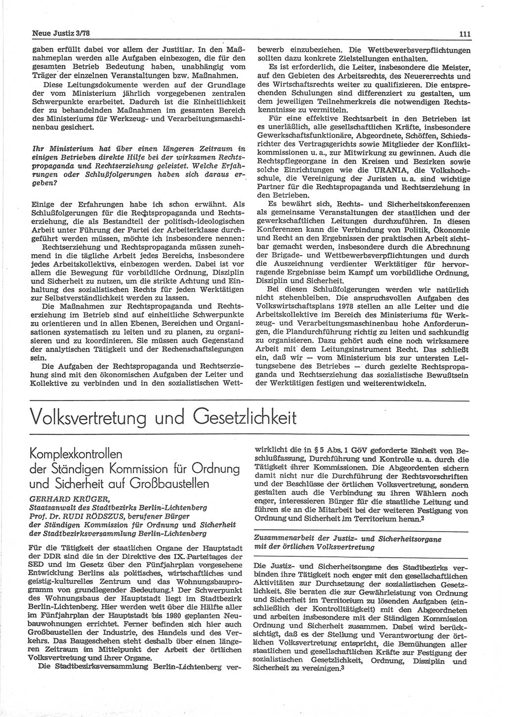 Neue Justiz (NJ), Zeitschrift für sozialistisches Recht und Gesetzlichkeit [Deutsche Demokratische Republik (DDR)], 32. Jahrgang 1978, Seite 111 (NJ DDR 1978, S. 111)
