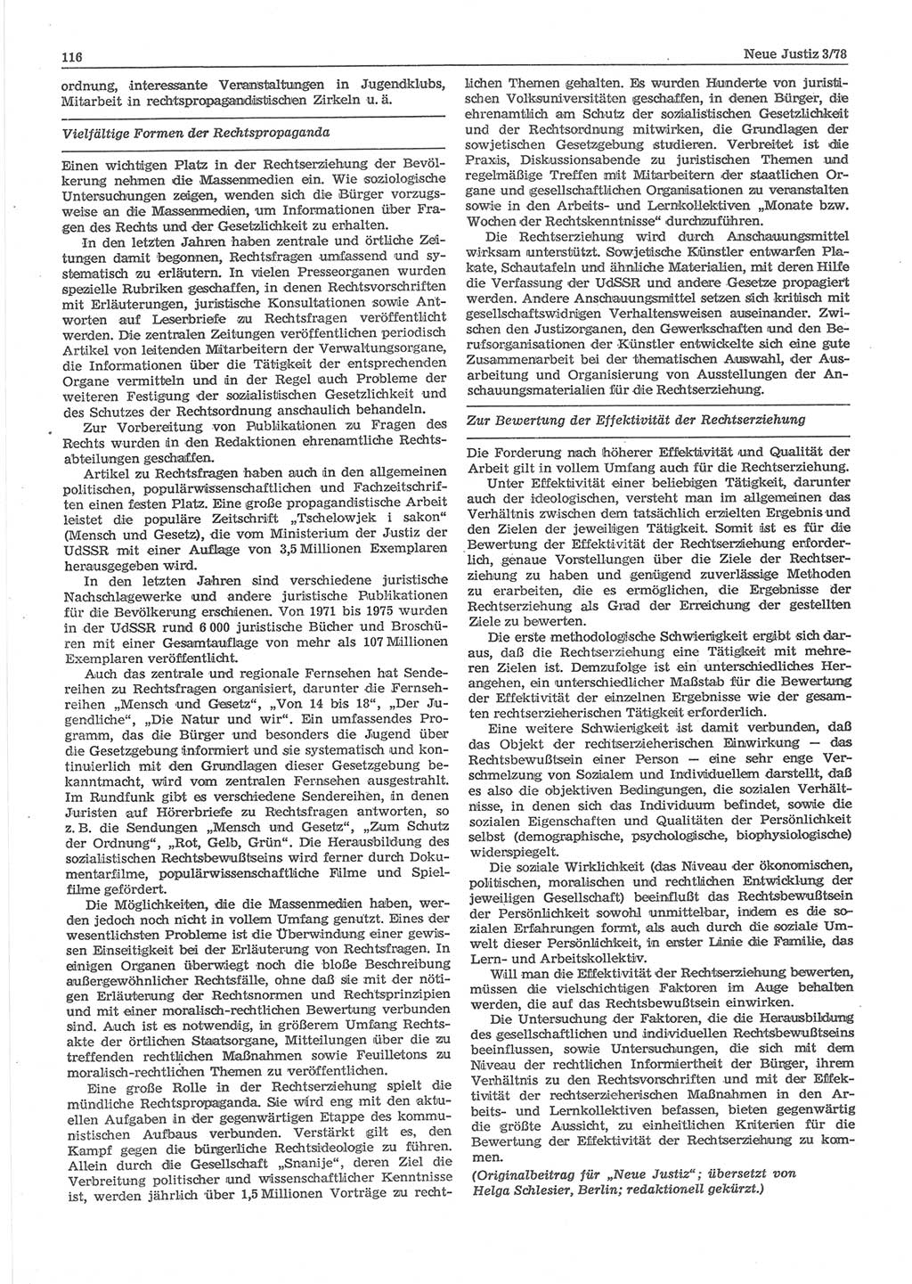 Neue Justiz (NJ), Zeitschrift für sozialistisches Recht und Gesetzlichkeit [Deutsche Demokratische Republik (DDR)], 32. Jahrgang 1978, Seite 116 (NJ DDR 1978, S. 116)