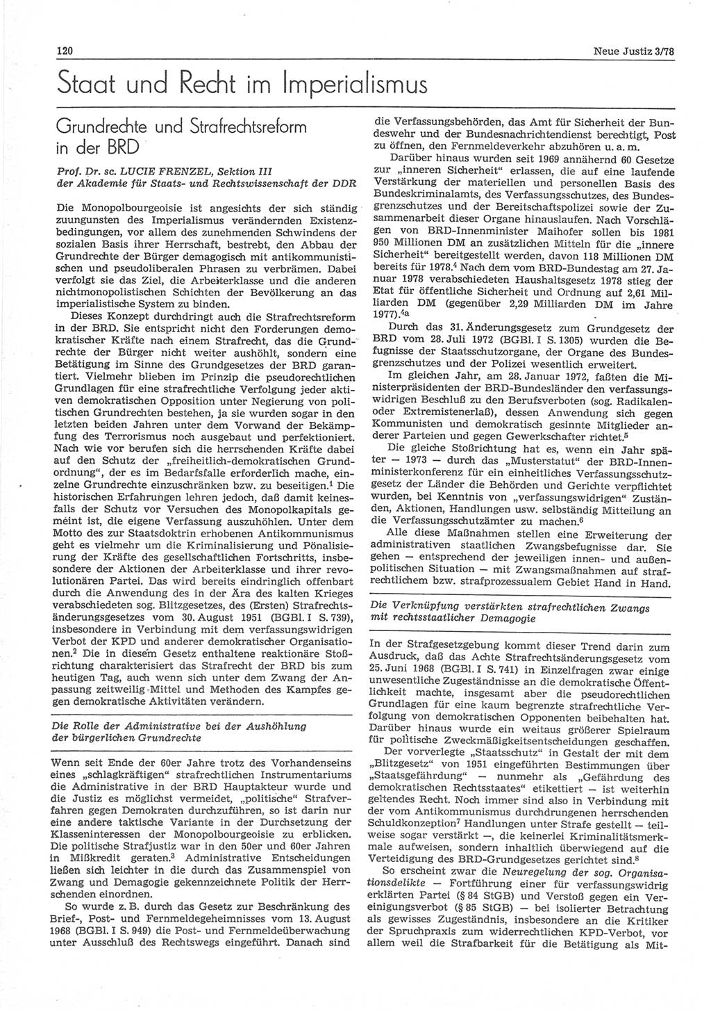 Neue Justiz (NJ), Zeitschrift für sozialistisches Recht und Gesetzlichkeit [Deutsche Demokratische Republik (DDR)], 32. Jahrgang 1978, Seite 120 (NJ DDR 1978, S. 120)