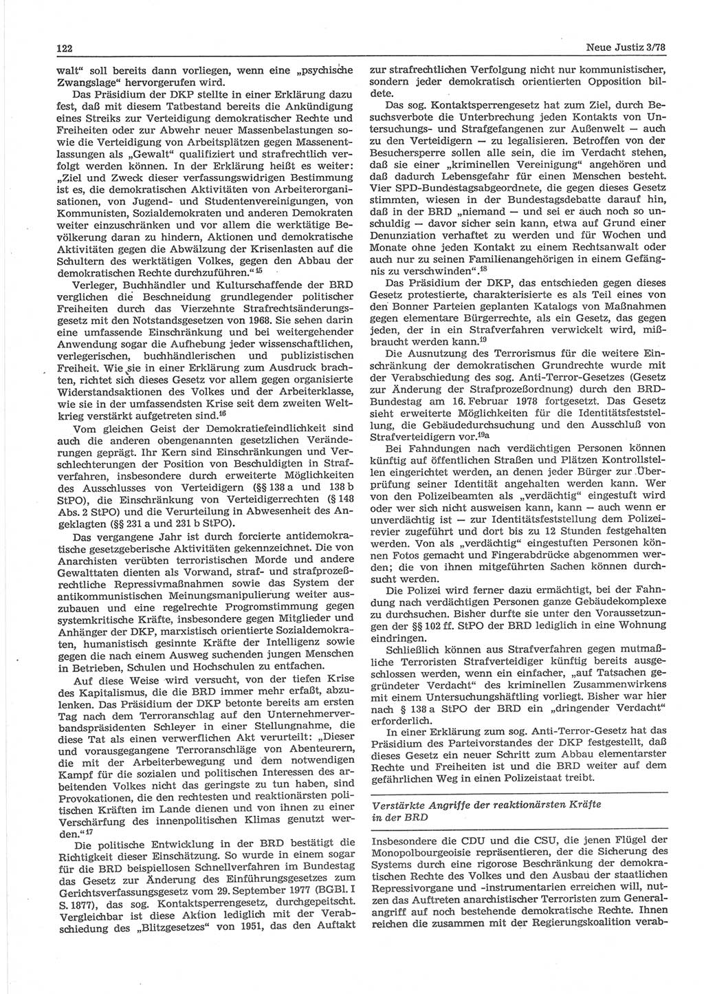 Neue Justiz (NJ), Zeitschrift für sozialistisches Recht und Gesetzlichkeit [Deutsche Demokratische Republik (DDR)], 32. Jahrgang 1978, Seite 122 (NJ DDR 1978, S. 122)