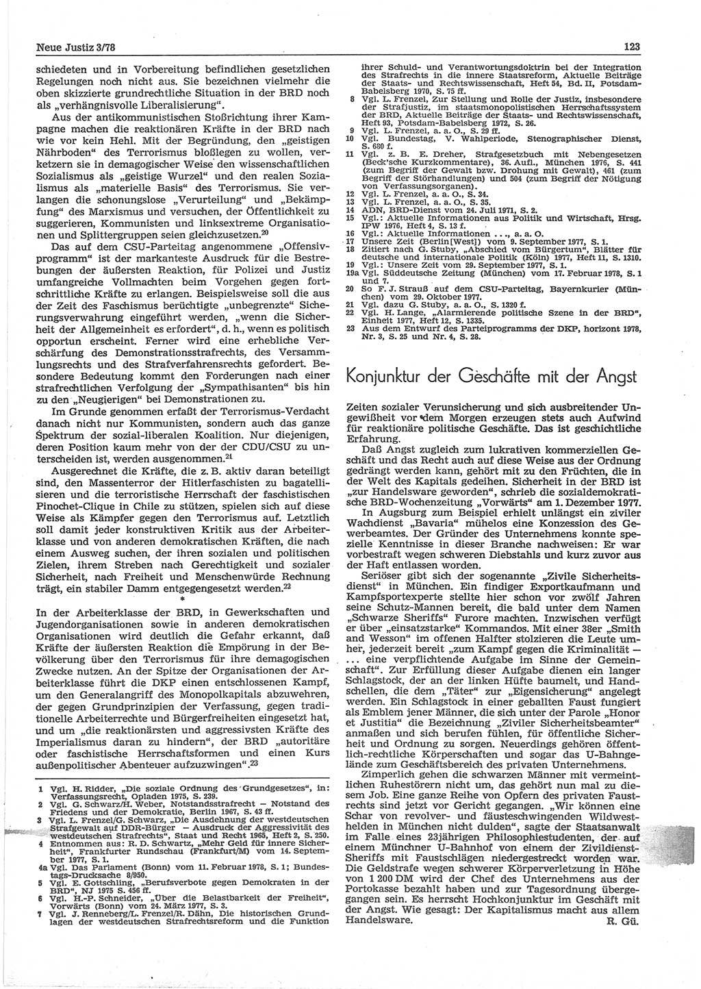 Neue Justiz (NJ), Zeitschrift für sozialistisches Recht und Gesetzlichkeit [Deutsche Demokratische Republik (DDR)], 32. Jahrgang 1978, Seite 123 (NJ DDR 1978, S. 123)