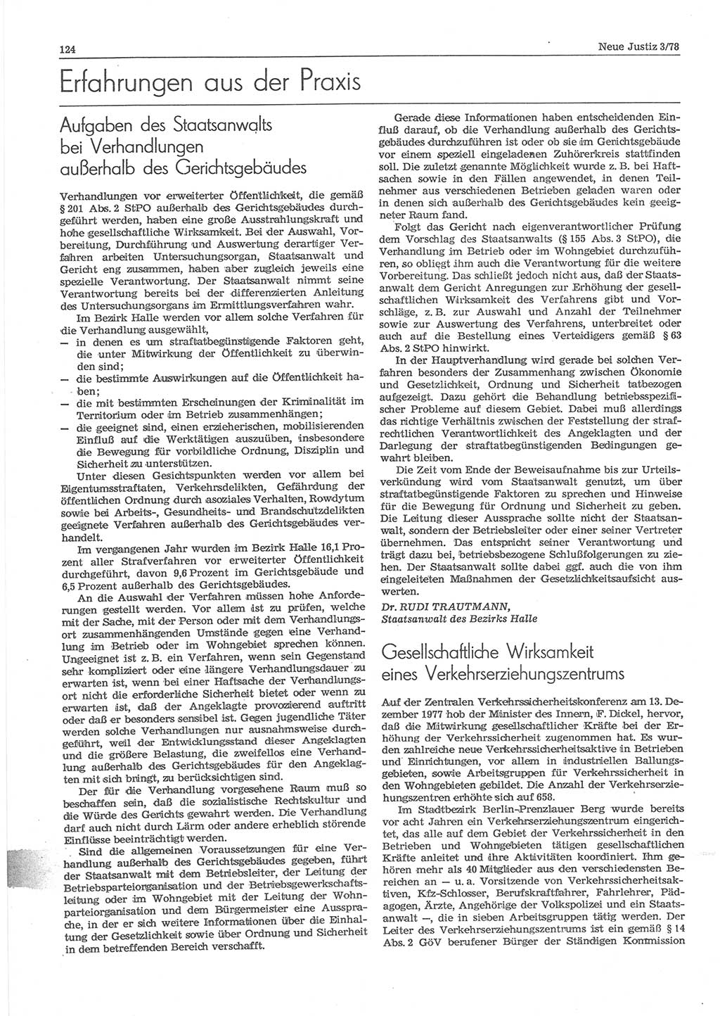 Neue Justiz (NJ), Zeitschrift für sozialistisches Recht und Gesetzlichkeit [Deutsche Demokratische Republik (DDR)], 32. Jahrgang 1978, Seite 124 (NJ DDR 1978, S. 124)