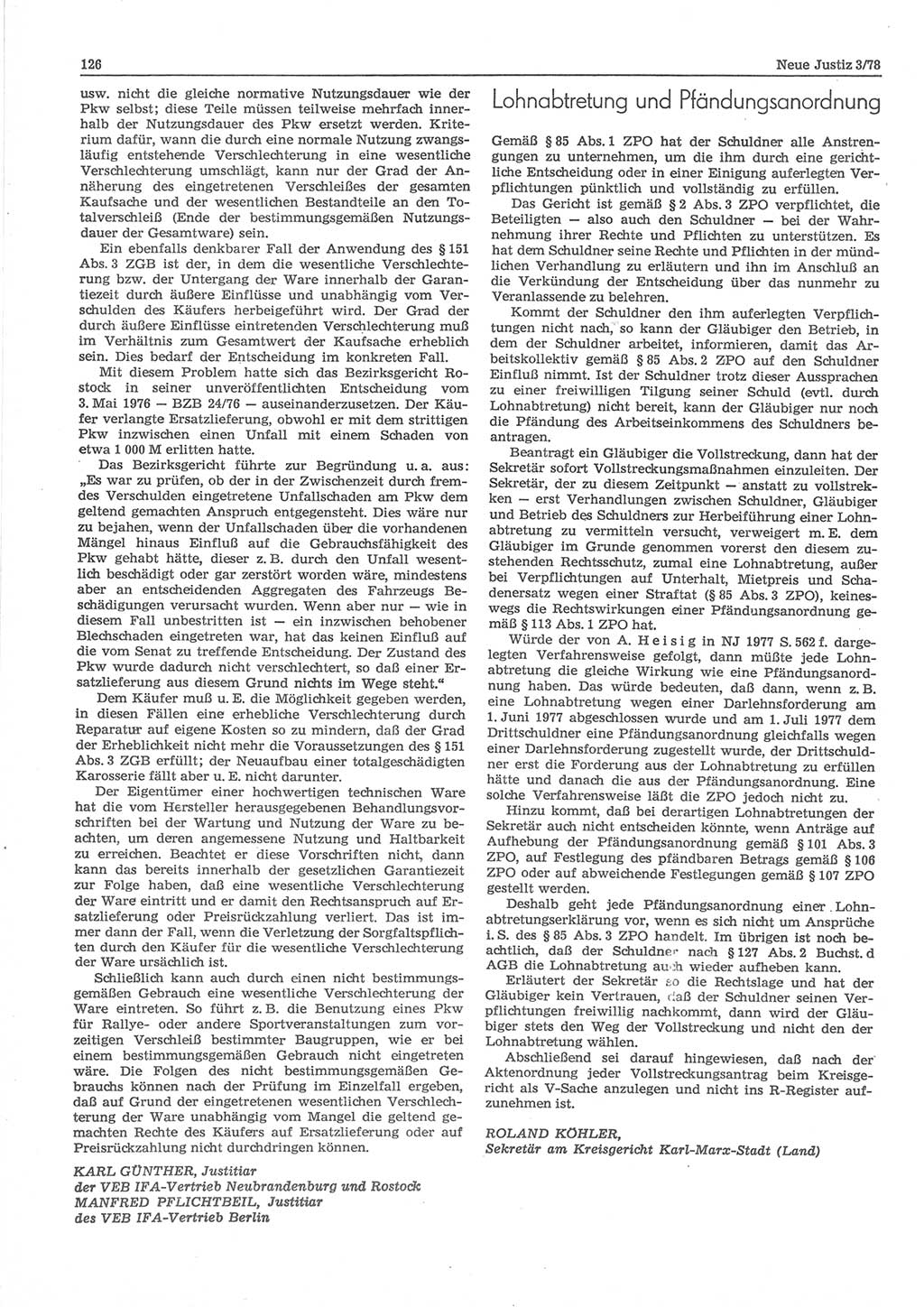 Neue Justiz (NJ), Zeitschrift für sozialistisches Recht und Gesetzlichkeit [Deutsche Demokratische Republik (DDR)], 32. Jahrgang 1978, Seite 126 (NJ DDR 1978, S. 126)