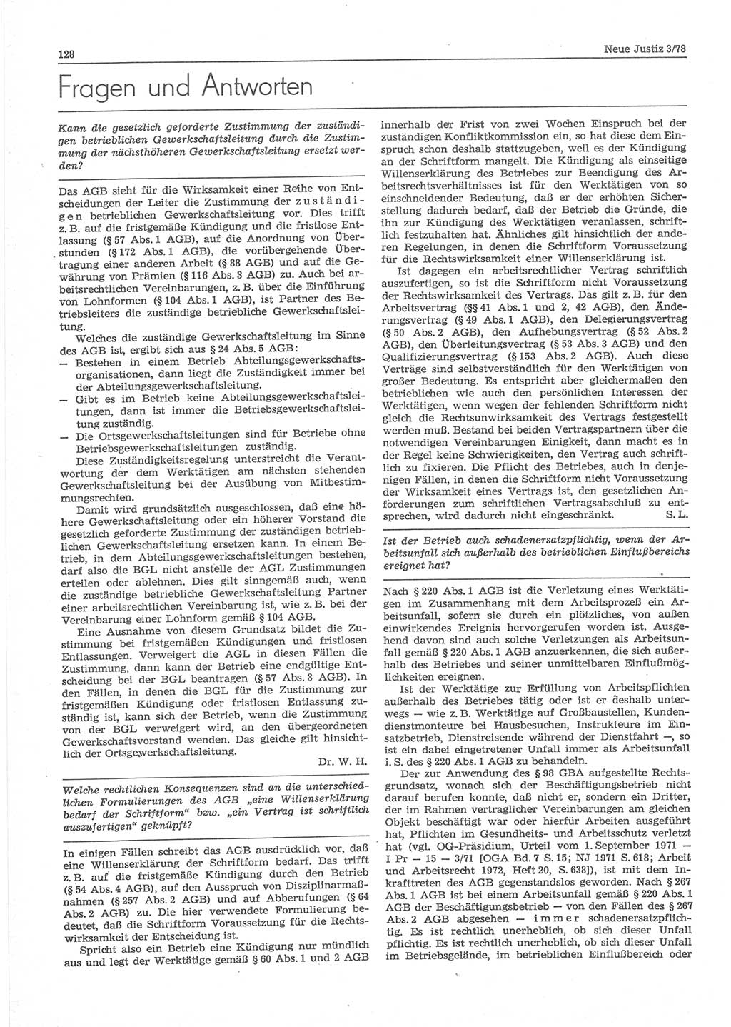 Neue Justiz (NJ), Zeitschrift für sozialistisches Recht und Gesetzlichkeit [Deutsche Demokratische Republik (DDR)], 32. Jahrgang 1978, Seite 128 (NJ DDR 1978, S. 128)