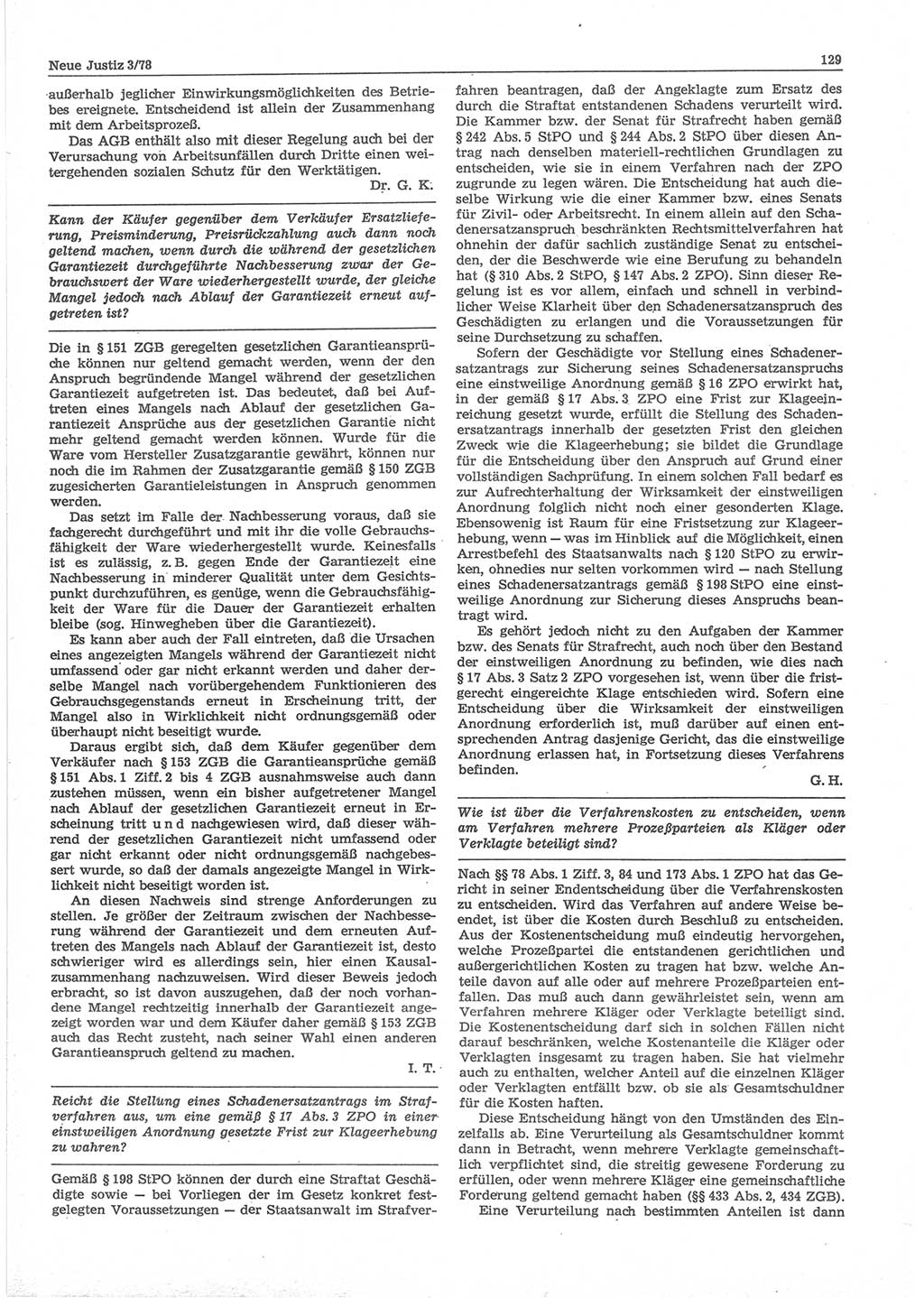 Neue Justiz (NJ), Zeitschrift für sozialistisches Recht und Gesetzlichkeit [Deutsche Demokratische Republik (DDR)], 32. Jahrgang 1978, Seite 129 (NJ DDR 1978, S. 129)