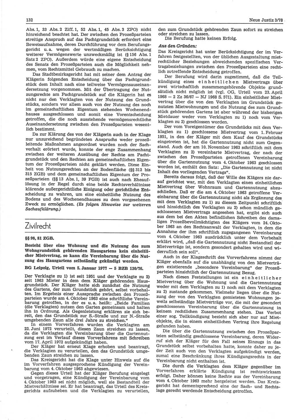 Neue Justiz (NJ), Zeitschrift für sozialistisches Recht und Gesetzlichkeit [Deutsche Demokratische Republik (DDR)], 32. Jahrgang 1978, Seite 132 (NJ DDR 1978, S. 132)