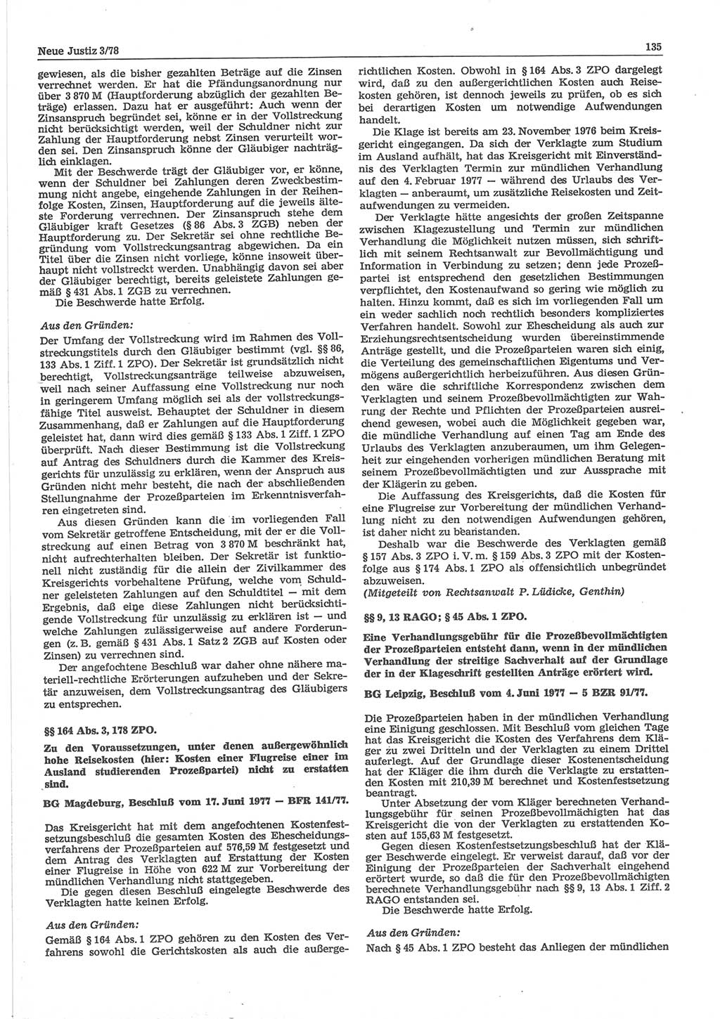 Neue Justiz (NJ), Zeitschrift für sozialistisches Recht und Gesetzlichkeit [Deutsche Demokratische Republik (DDR)], 32. Jahrgang 1978, Seite 135 (NJ DDR 1978, S. 135)