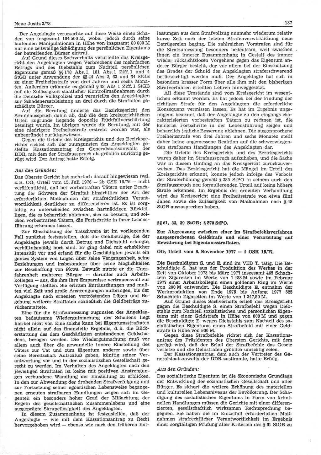 Neue Justiz (NJ), Zeitschrift für sozialistisches Recht und Gesetzlichkeit [Deutsche Demokratische Republik (DDR)], 32. Jahrgang 1978, Seite 137 (NJ DDR 1978, S. 137)