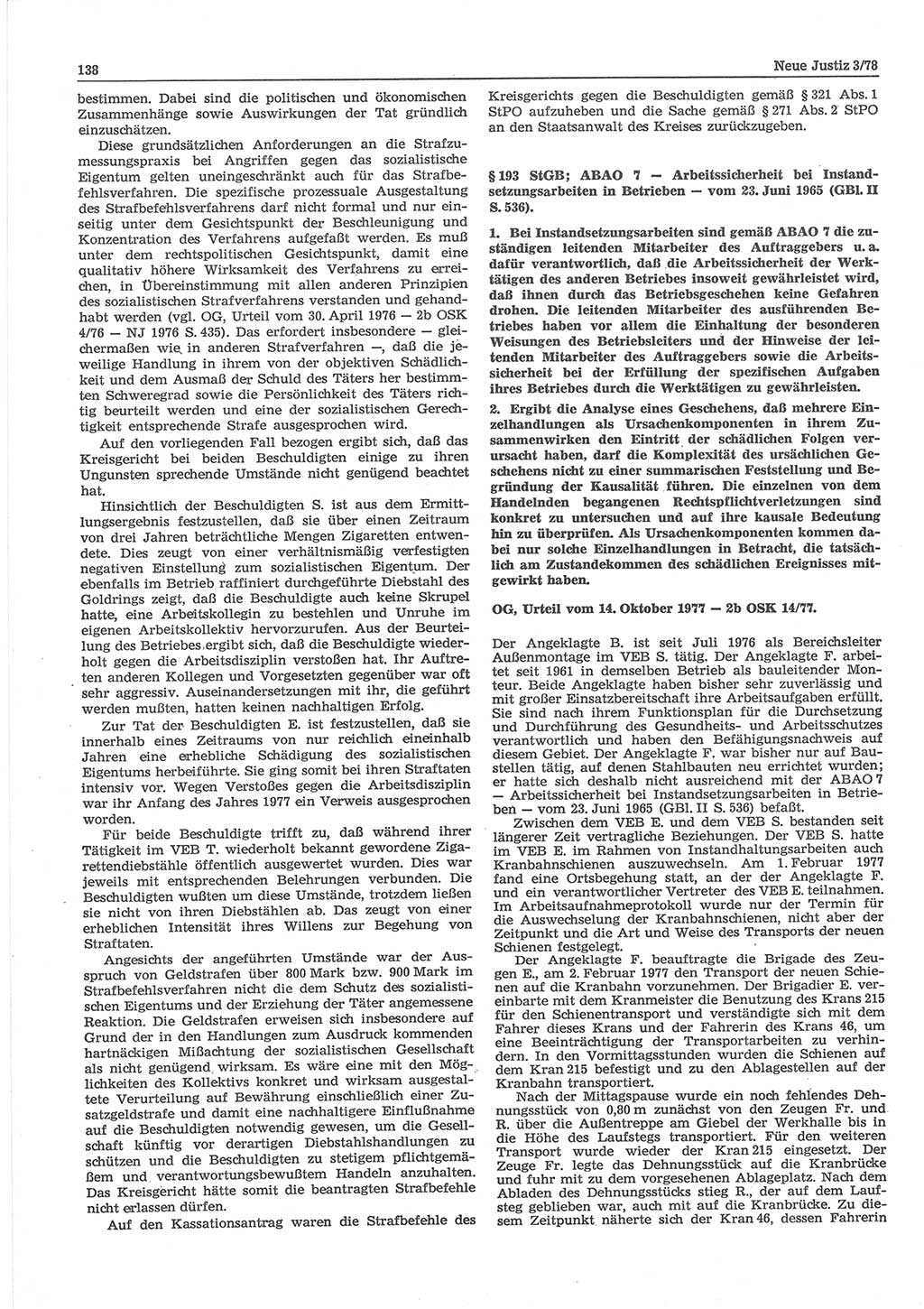 Neue Justiz (NJ), Zeitschrift für sozialistisches Recht und Gesetzlichkeit [Deutsche Demokratische Republik (DDR)], 32. Jahrgang 1978, Seite 138 (NJ DDR 1978, S. 138)