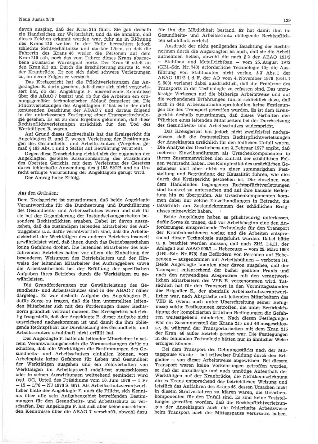 Neue Justiz (NJ), Zeitschrift für sozialistisches Recht und Gesetzlichkeit [Deutsche Demokratische Republik (DDR)], 32. Jahrgang 1978, Seite 139 (NJ DDR 1978, S. 139)