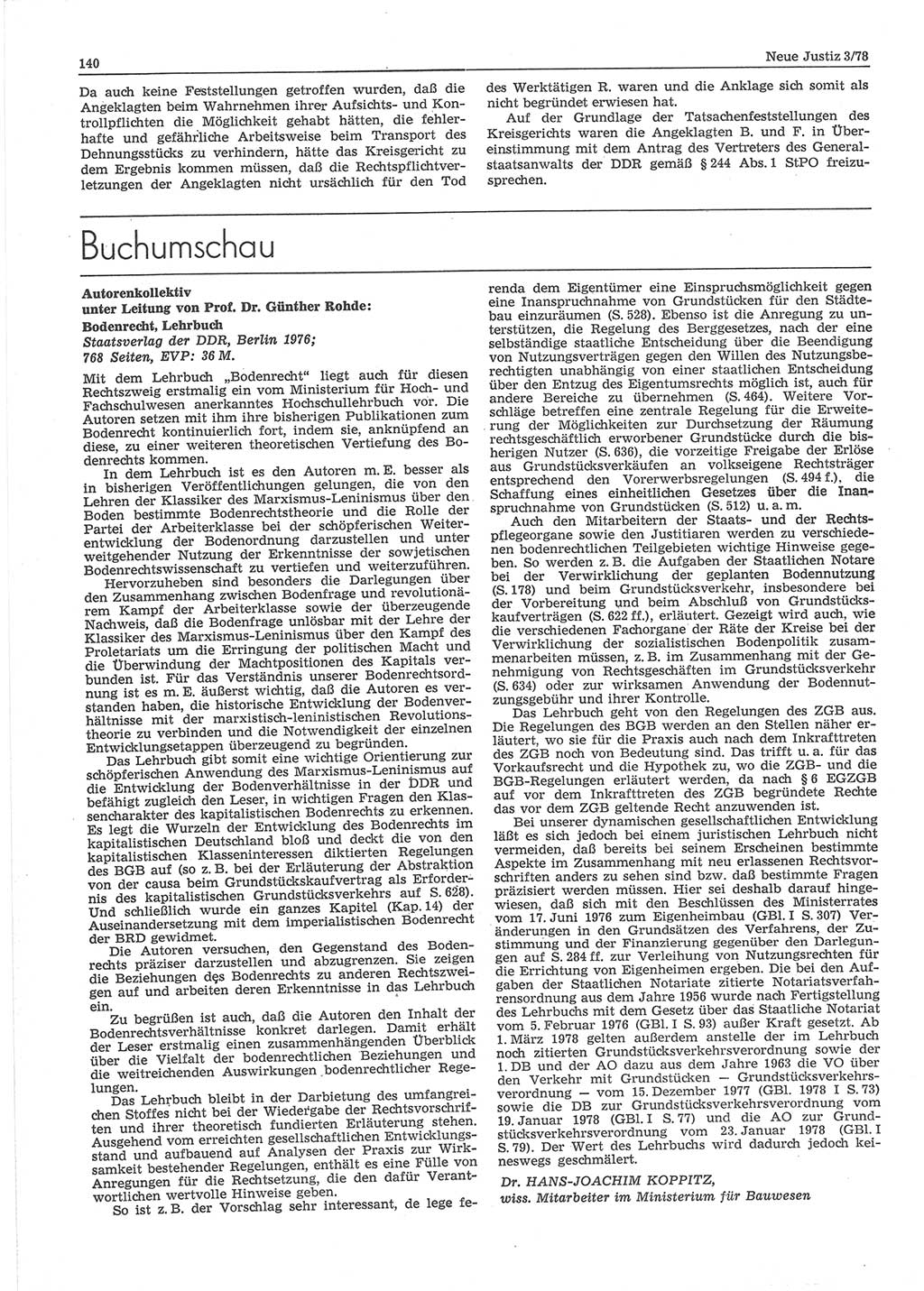 Neue Justiz (NJ), Zeitschrift für sozialistisches Recht und Gesetzlichkeit [Deutsche Demokratische Republik (DDR)], 32. Jahrgang 1978, Seite 140 (NJ DDR 1978, S. 140)