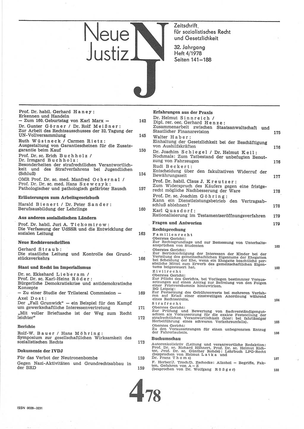 Neue Justiz (NJ), Zeitschrift für sozialistisches Recht und Gesetzlichkeit [Deutsche Demokratische Republik (DDR)], 32. Jahrgang 1978, Seite 141 (NJ DDR 1978, S. 141)