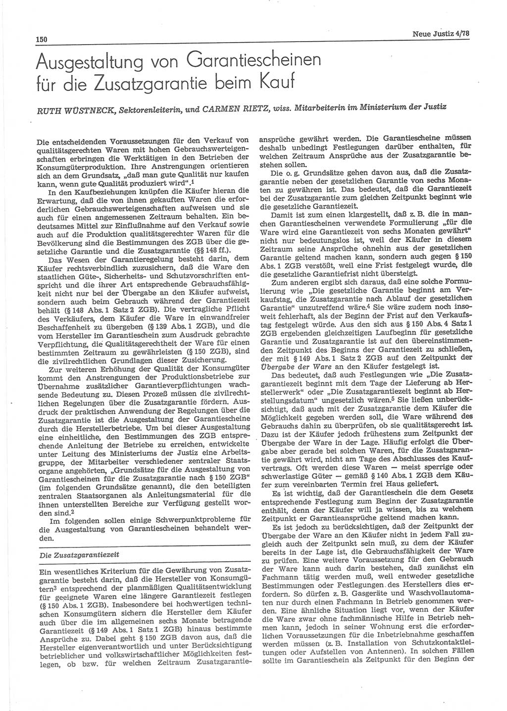 Neue Justiz (NJ), Zeitschrift für sozialistisches Recht und Gesetzlichkeit [Deutsche Demokratische Republik (DDR)], 32. Jahrgang 1978, Seite 150 (NJ DDR 1978, S. 150)