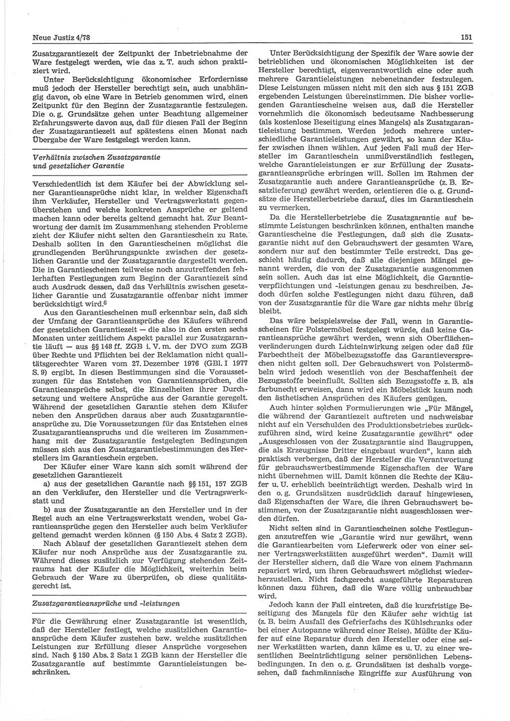 Neue Justiz (NJ), Zeitschrift für sozialistisches Recht und Gesetzlichkeit [Deutsche Demokratische Republik (DDR)], 32. Jahrgang 1978, Seite 151 (NJ DDR 1978, S. 151)