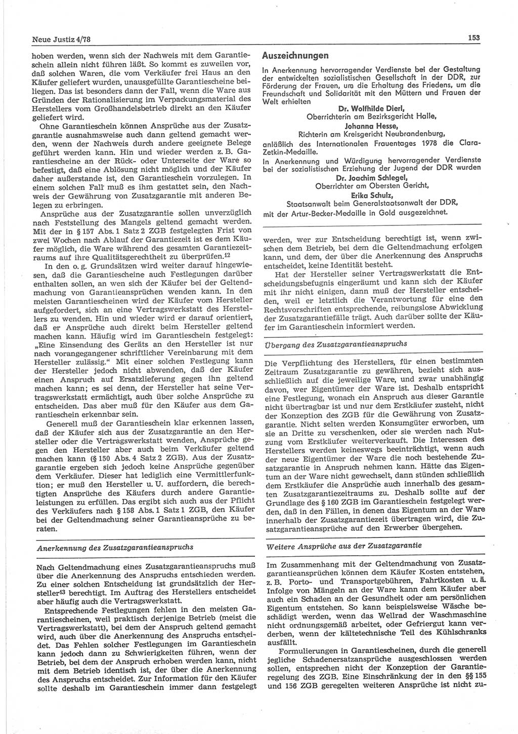Neue Justiz (NJ), Zeitschrift für sozialistisches Recht und Gesetzlichkeit [Deutsche Demokratische Republik (DDR)], 32. Jahrgang 1978, Seite 153 (NJ DDR 1978, S. 153)
