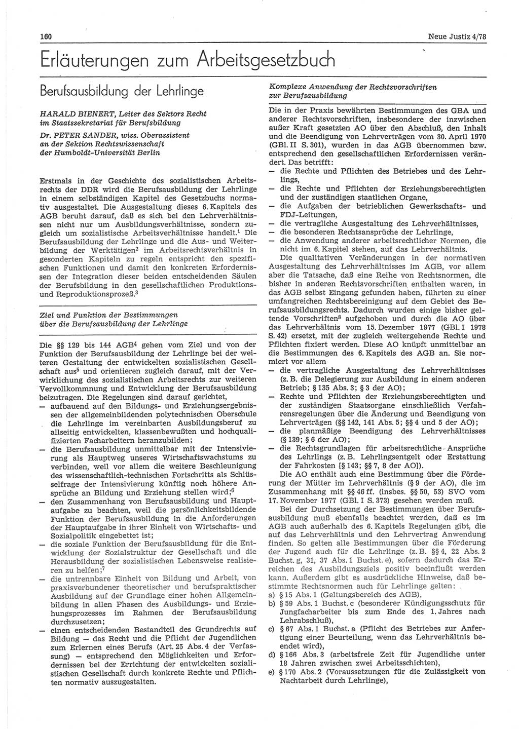 Neue Justiz (NJ), Zeitschrift für sozialistisches Recht und Gesetzlichkeit [Deutsche Demokratische Republik (DDR)], 32. Jahrgang 1978, Seite 160 (NJ DDR 1978, S. 160)