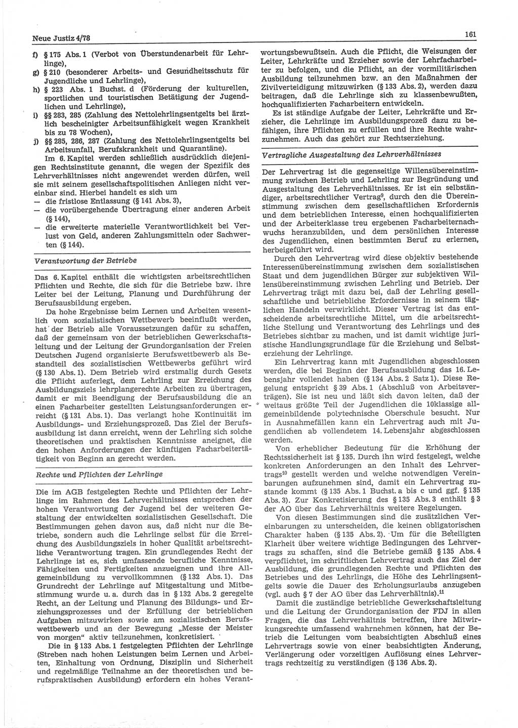 Neue Justiz (NJ), Zeitschrift für sozialistisches Recht und Gesetzlichkeit [Deutsche Demokratische Republik (DDR)], 32. Jahrgang 1978, Seite 161 (NJ DDR 1978, S. 161)